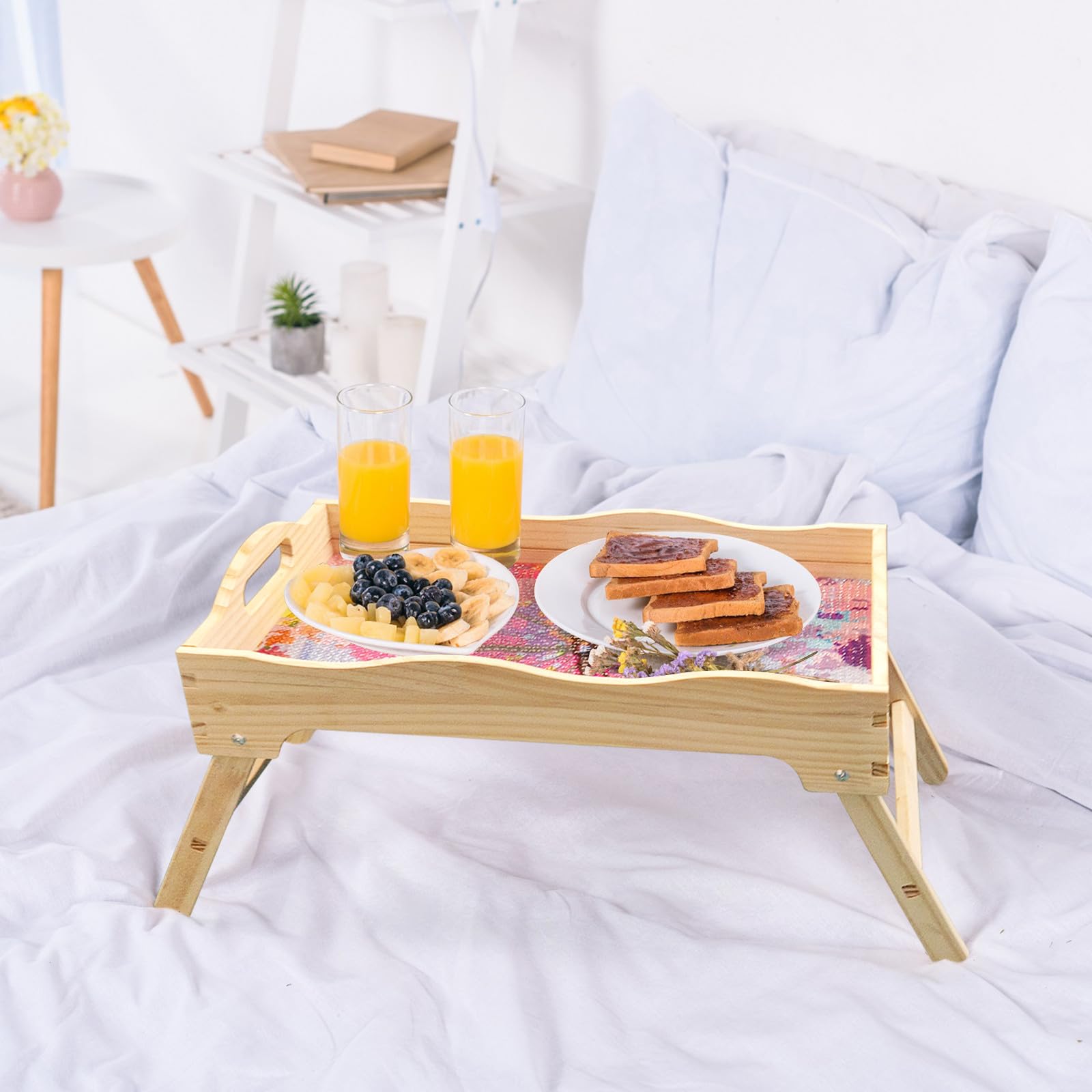 Lot de 2 plateaux de lit pliables en bois faits à la main pour le petit déjeuner, les collations et le travail – Idéal pour le canapé et le lit Design multifonction