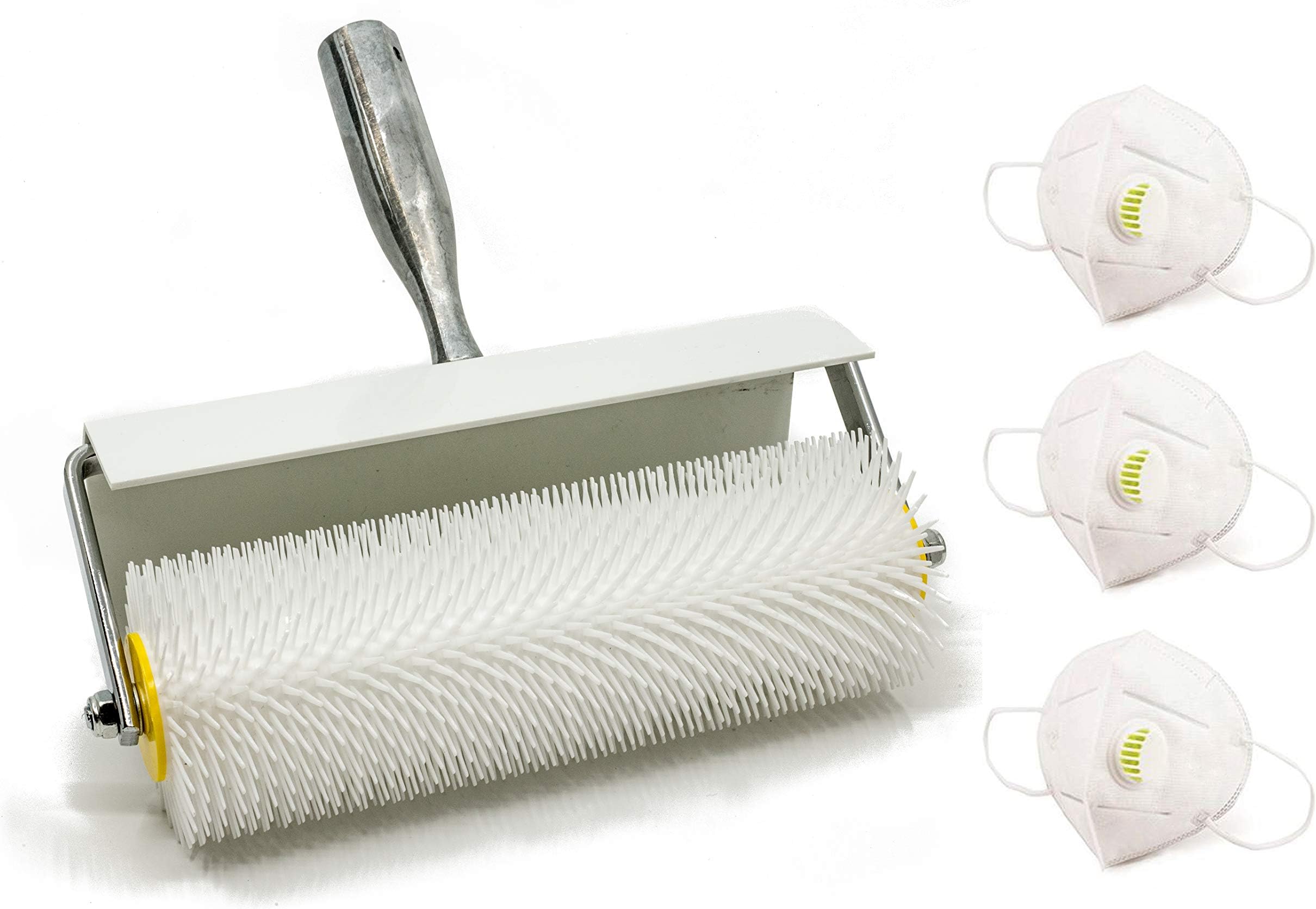 ClausHavn - Spiked Screeding Roller with Plastic Splash Guard 250mm Wide Head with 21mm Spikes for Self Levelling Compound, Comes with 3 Disposable Dust Masks