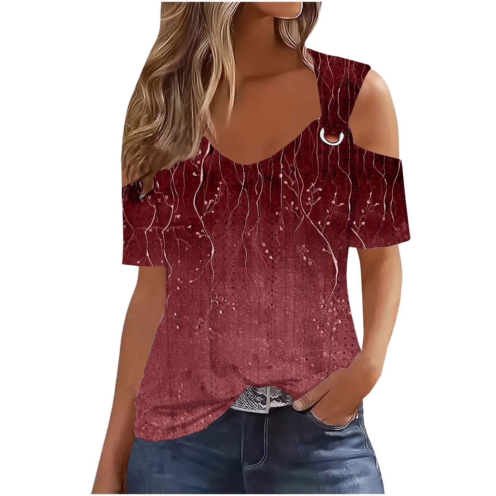 T Shirts for Women UK Short Sleeve Cold Shoulder V Neck Eyelet Tops Summer Causal Print Boho Blouse Tees 2025 Fashion