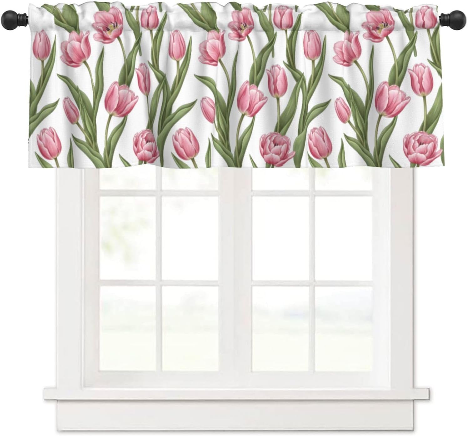 Easter Valance for Windows 54x18 Inch Pink Tulips Flower Green Leaves Spring Rod Pocket Curtain Valances Short Window Treatment for Kitchen, Bathroom, Living Room Decor