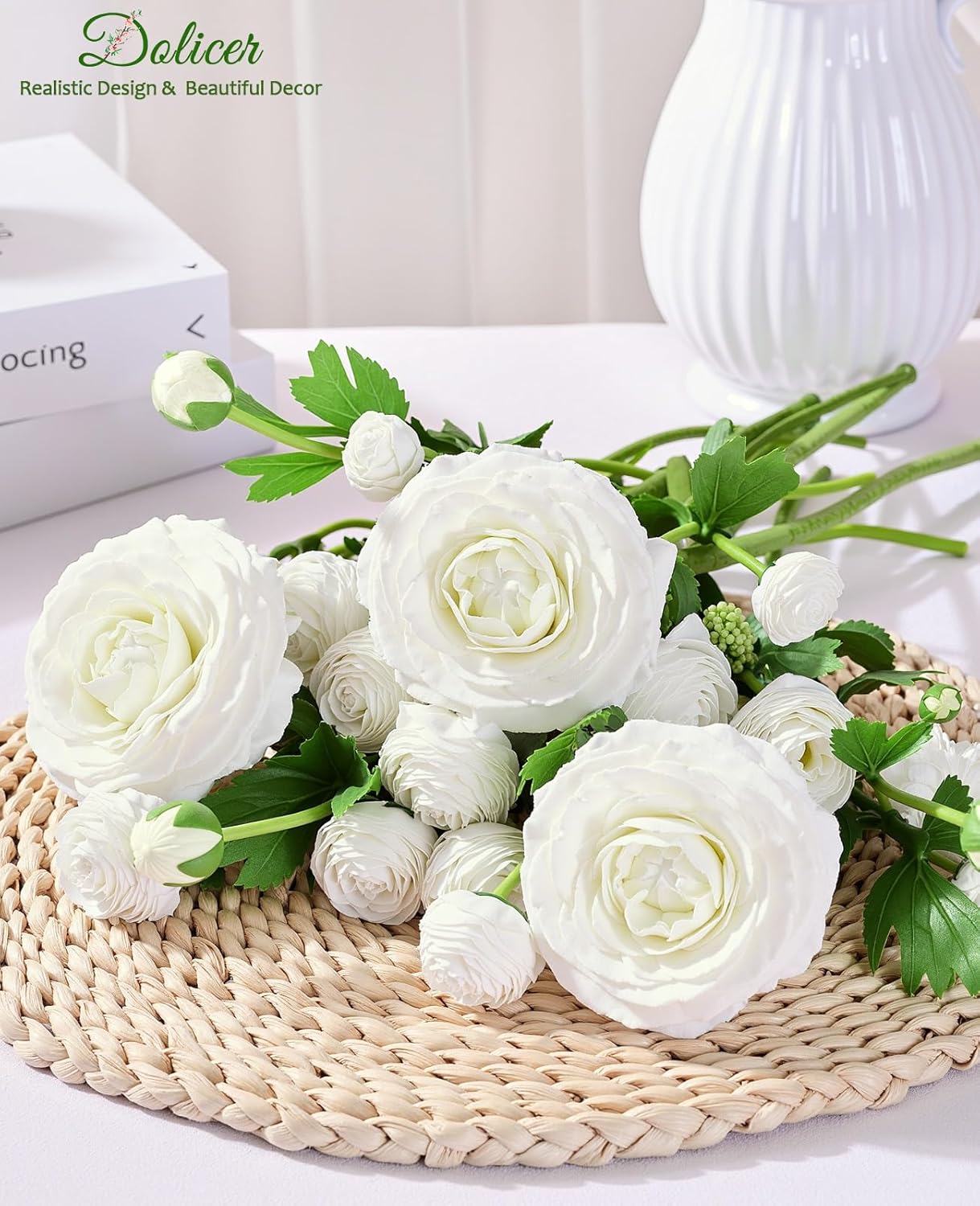 Dolicer Real Touch Ranunculus Artificial Flowers, 12Pcs 18 Inch Fake Peonies Artificial Flowers, White Faux Flower for Vase Faux Peony Bulk for Home Table Wedding Bridal Bouquet Decor