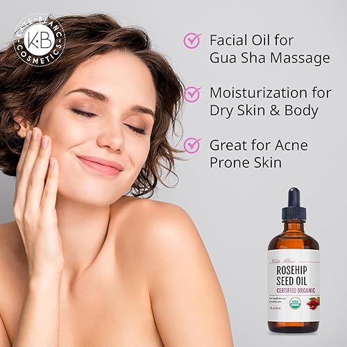 Miniatura 8 de Kate Blanc Cosmetics Aceite de rosa mosqueta para cara y piel con kit de piedra Gua Sha (1 onza) Aceite de semilla de rosa mosqueta orgánico USDA