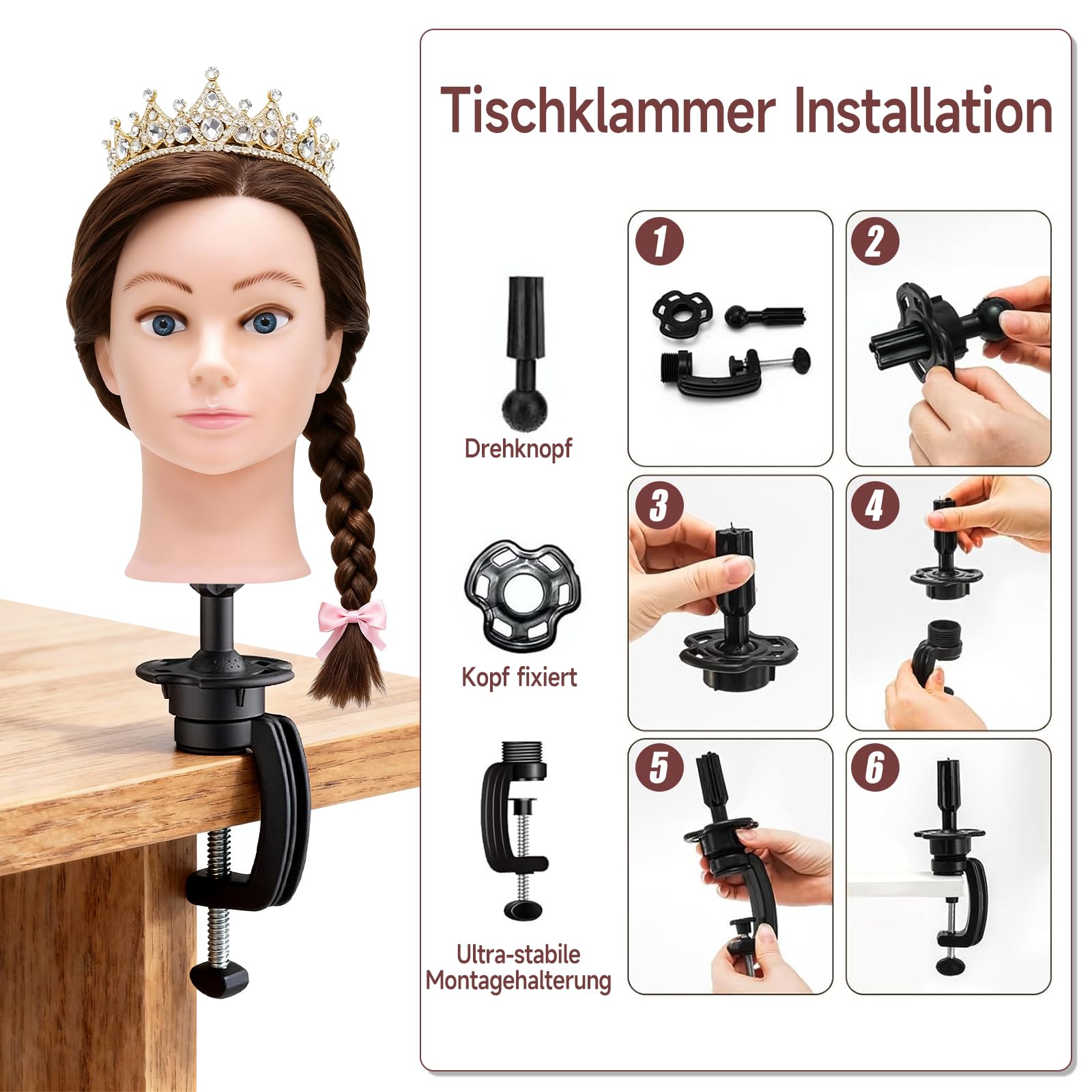 TwoWin Friseurkopf 20 Zoll 50.8 cm 100% Echthaar Mannequin Kopf Übungskopf Haar Friseur Trainingsköpfe Styling Friseurpraxis Braun