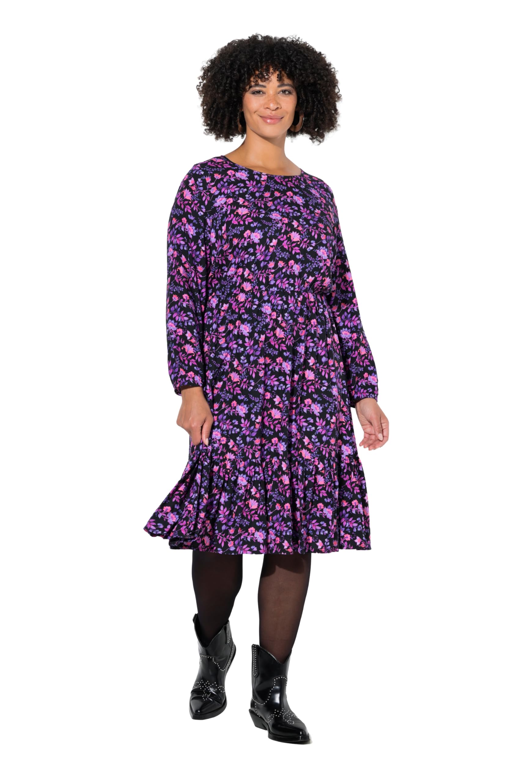 Angel of Style Damen große Größen Übergrößen Plus Size Midikleid, A-Linie, Blumenmuster, Langarm, Volant 848237