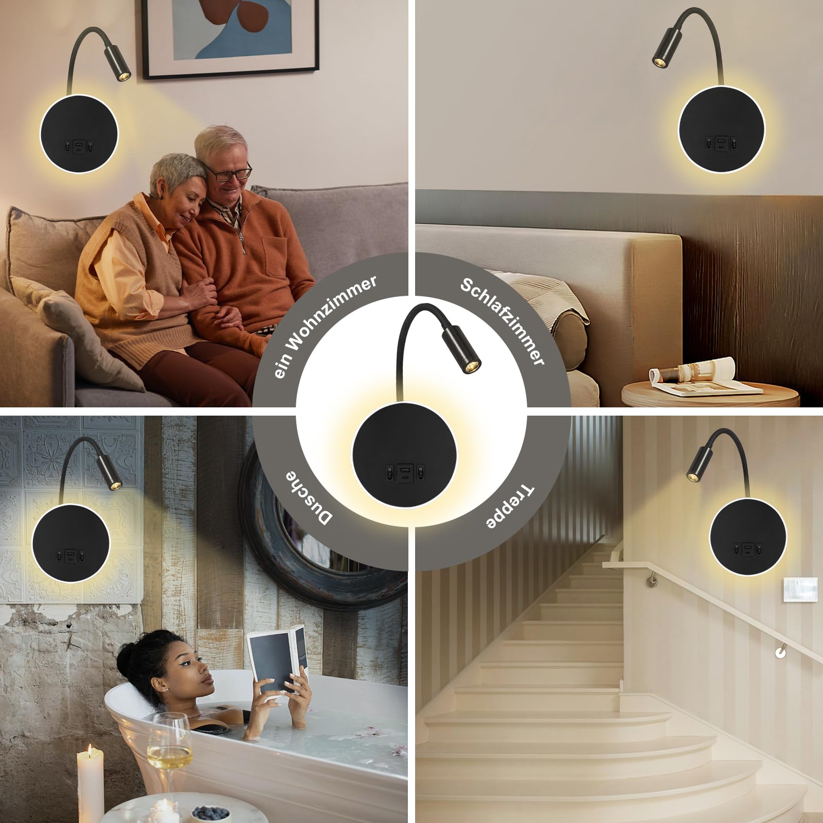 LED lámpara de pared mesita de noche 12 W LED spot regulable 3 W + 9 W 3000 K luz cálida (carga USB negro)