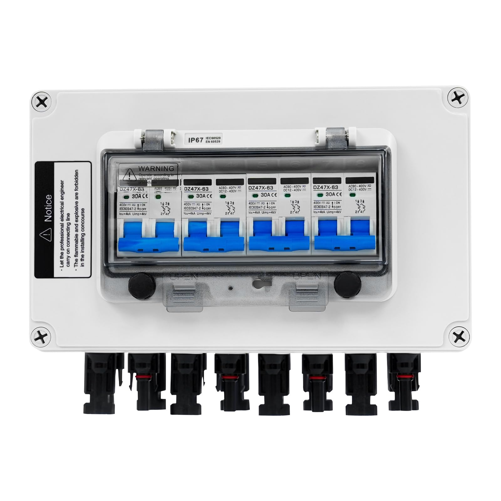 Überspannungsschutz PV DC Trennschalter PV Anlage mit Solarstecker MC4-Stecker 400V 40KA Leitungsschutzschalter Anschlusskasten IP67 Wasserdicht Blitzschutz für Photovoltaik (30A, 4-in 4-out)