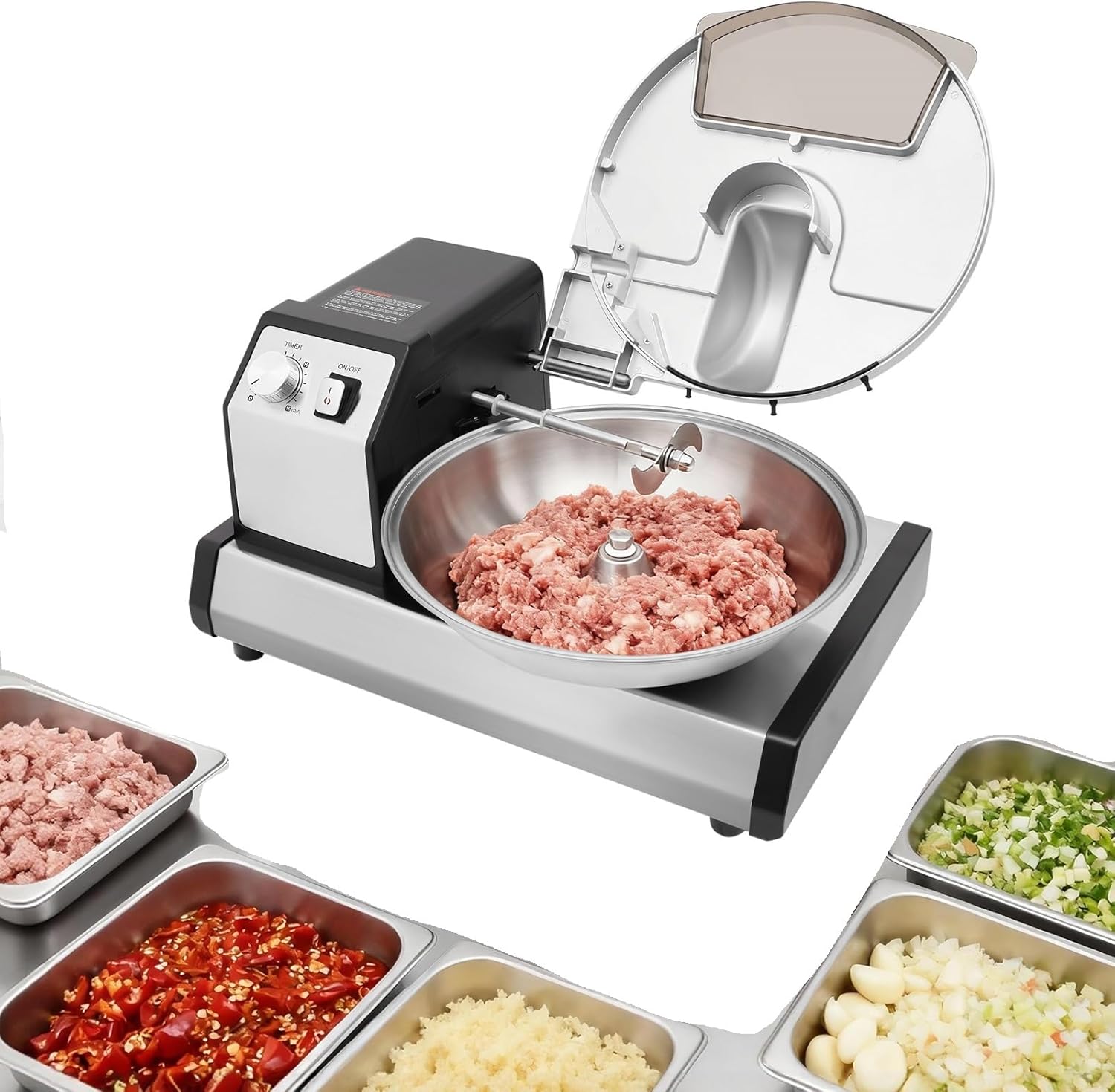 Jongpinth Commercial 5.28QT Food Processor, 250W Vegetable Chopper Meat Grinder Mincer, 1500RPM Blades, 1-15 Min Timer, Spare Blade - Silver