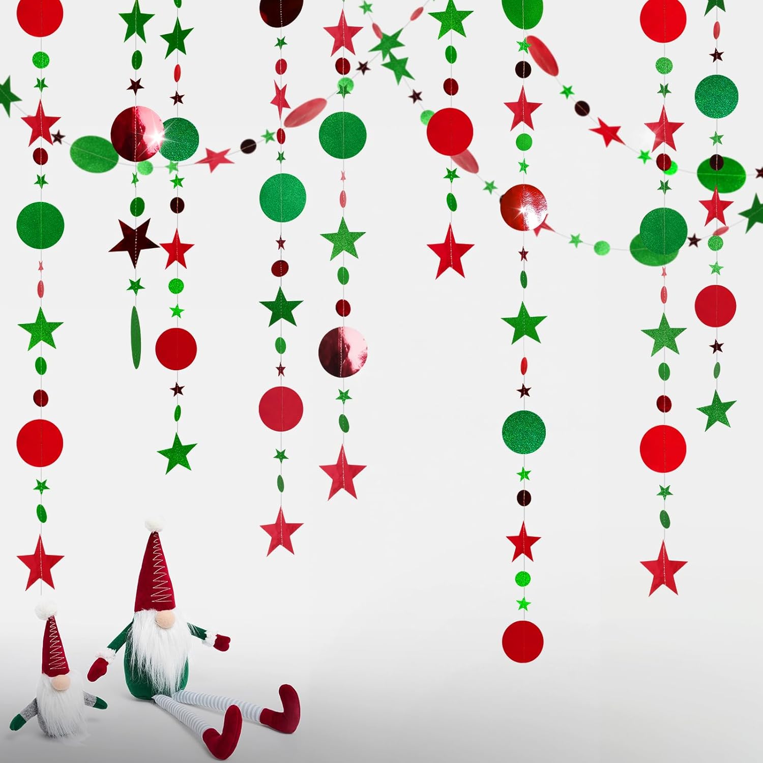 jijAcraft Christmas Glitter Star Garland Decorations, Green and Red Hanging Garands