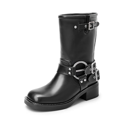 DREAM PAIRS Mid Calf Boots for Women, Square Toe Motorcycle Boots with Buckles, Women's Biker Boots with Low Chunky Heel