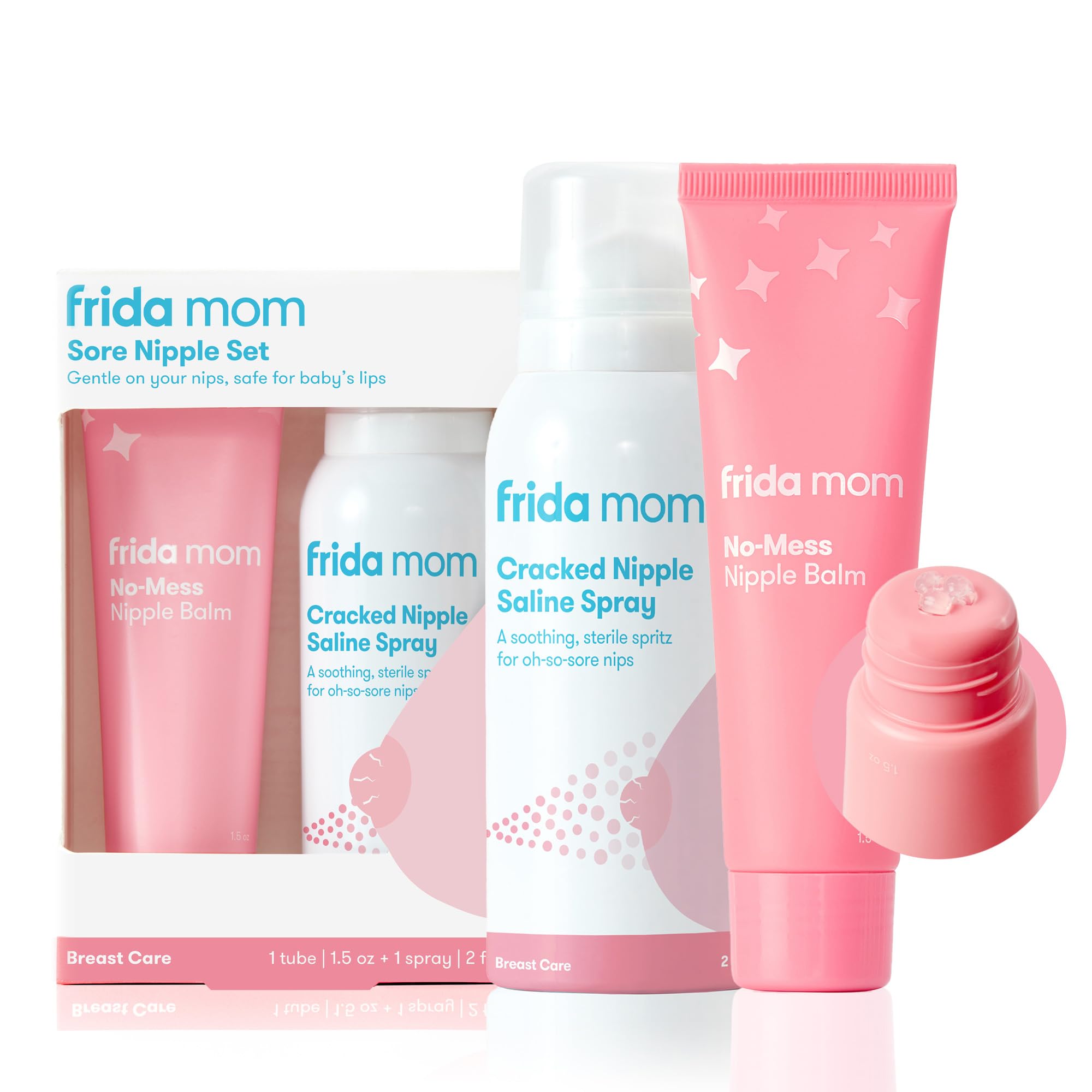 Frida MomSore Nipple Set | Cracked Nipple Saline Spray, No-Mess Nipple Cream | 2 Piece Set | Breastfeeding Set for New Moms