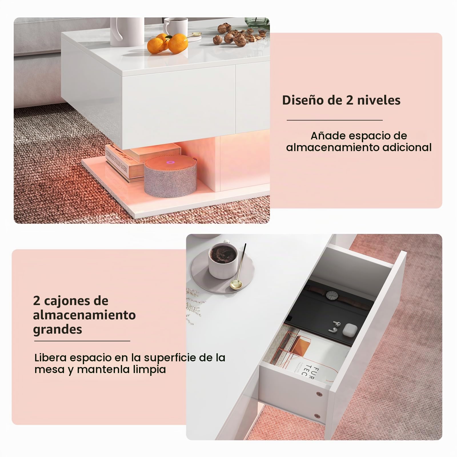 LIFEZEAL Mesa de Centro con LED, Mesa de salón Alto Brillo con Tira de luz y Mando a Distancia, Mesa de café Moderna con 2 cajones, Mesa Centro Iluminado para salón, Oficina (Blanco)