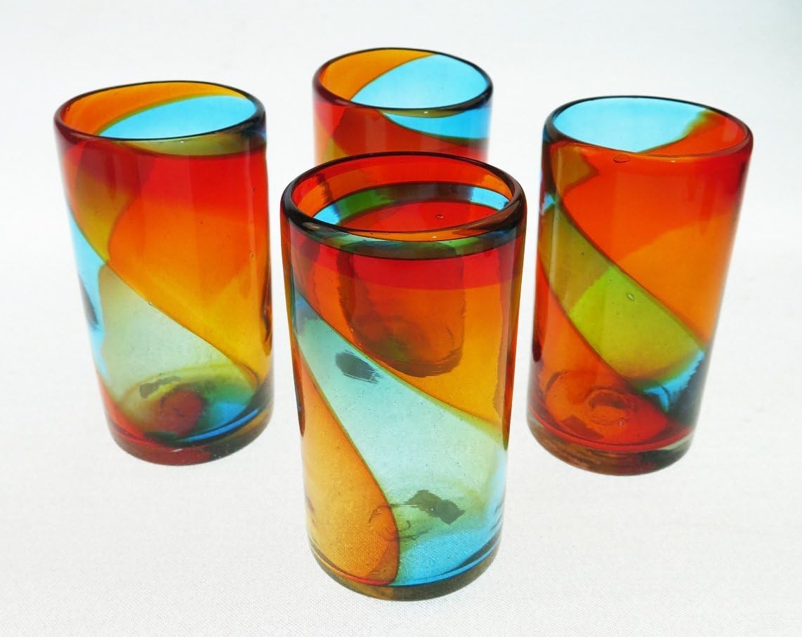 Mexican Glasses, Hand Blown, Rainbow colors 16 Oz (Set of