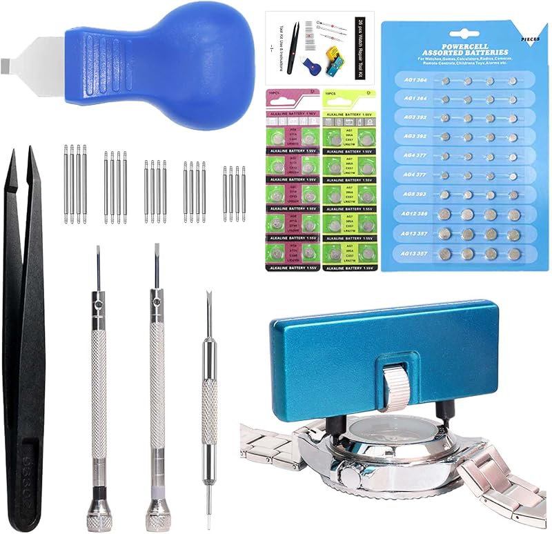 Kit de herramientas de repuesto de la batería del reloj, kit de reparación de relojes GLDCAPA, herramienta de extracción de la parte posterior del reloj, herramienta de apertura de la caja del reloj, palanca de apertura de la caja del reloj, barra de resorte, pinzas con baterías de reloj de 60 piezas