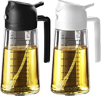 TrendPlain 16oz/470ml Glass Olive Oil Sprayer for Cooking – 2 in 1 Olive Oil Dispenser Bottle for Kitchen Gadgets and Air Fryer Accessories, Salad, BBQ - Black & White