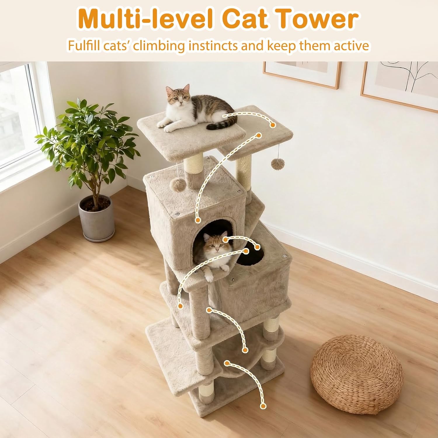 Tangkula Cat Tree for Indoor Cats, 57 Inch Large Cat Tower with Sisal Scratching Post, Top Perch, Dual Condos, Hammock, 2 Dangling Balls, Platforms, Multi-Level Cat Climbing Furniture (Coffee)