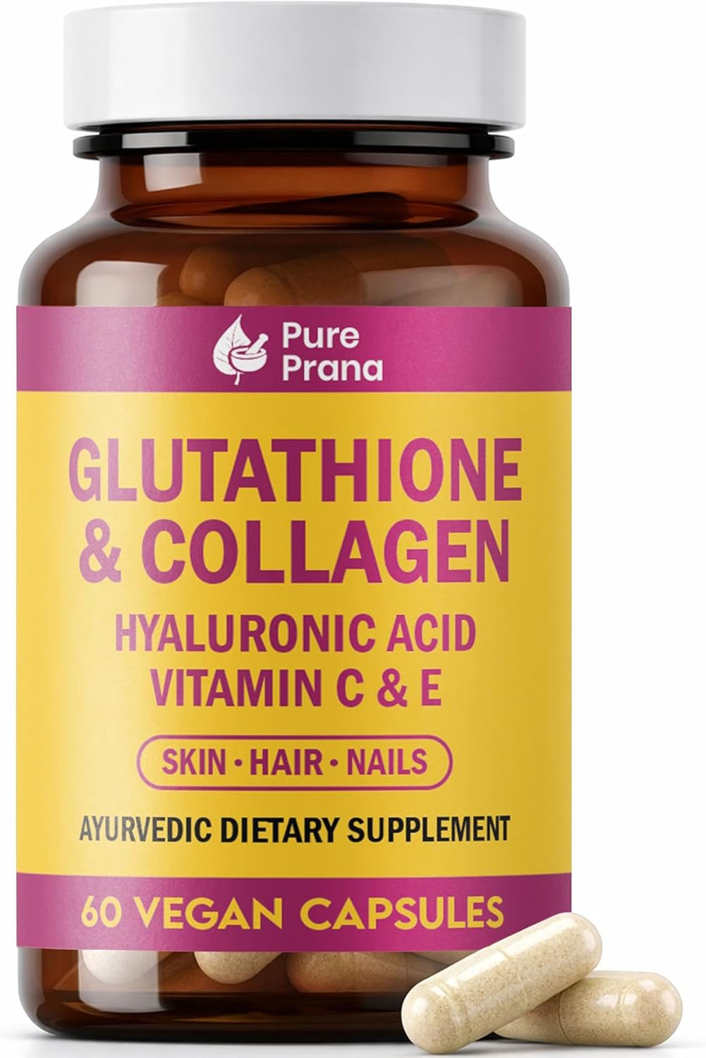 Pure Prana Glutathione & Vegan Collagen Builder Capsules with Hyaluronic Acid, Vitamin C, E, Turmeric & Black Pepper - Plant Based Formula for Daily Skin & Hair Nail Care Support - 60 Caps