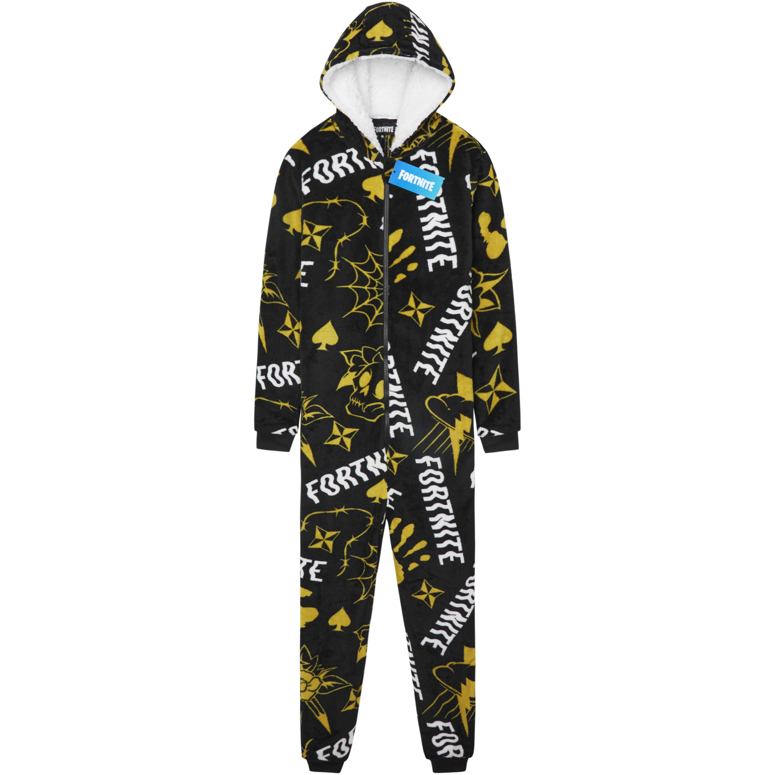 Get Trend Fortnite Onesie for Boys Teens 7-16 Years, Hooded Fleece Jumpsuit Pyjamas, Cosy PJs Loungewear, Gamer Gifts for Boys (15-16 Years, Black/Yellow Fortnite)