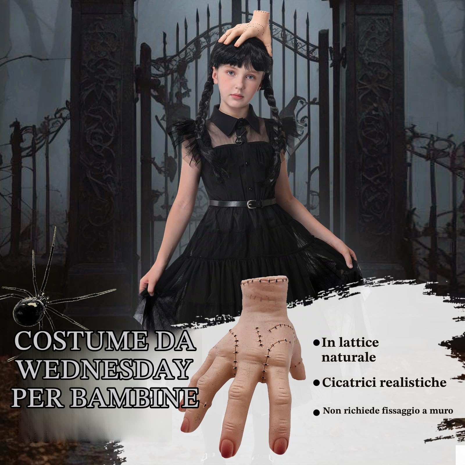 YOOHBERRYS Vestito Mercoledì Bambina, Costume Mercoledì Bambina con Luci, Wednesday Costume Principessa Nero con Parrucca, Mano di Mercoledi, Calzini, Collana per Cosplay Halloween Carnevale