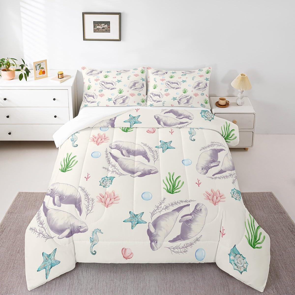 jejeloiu Manatee Comforter Set Twin Size Marine Animals Comforter for Kids Teens Adults Cartoon Nautical Bedding Set Kawaii Cute Duvet Set Room