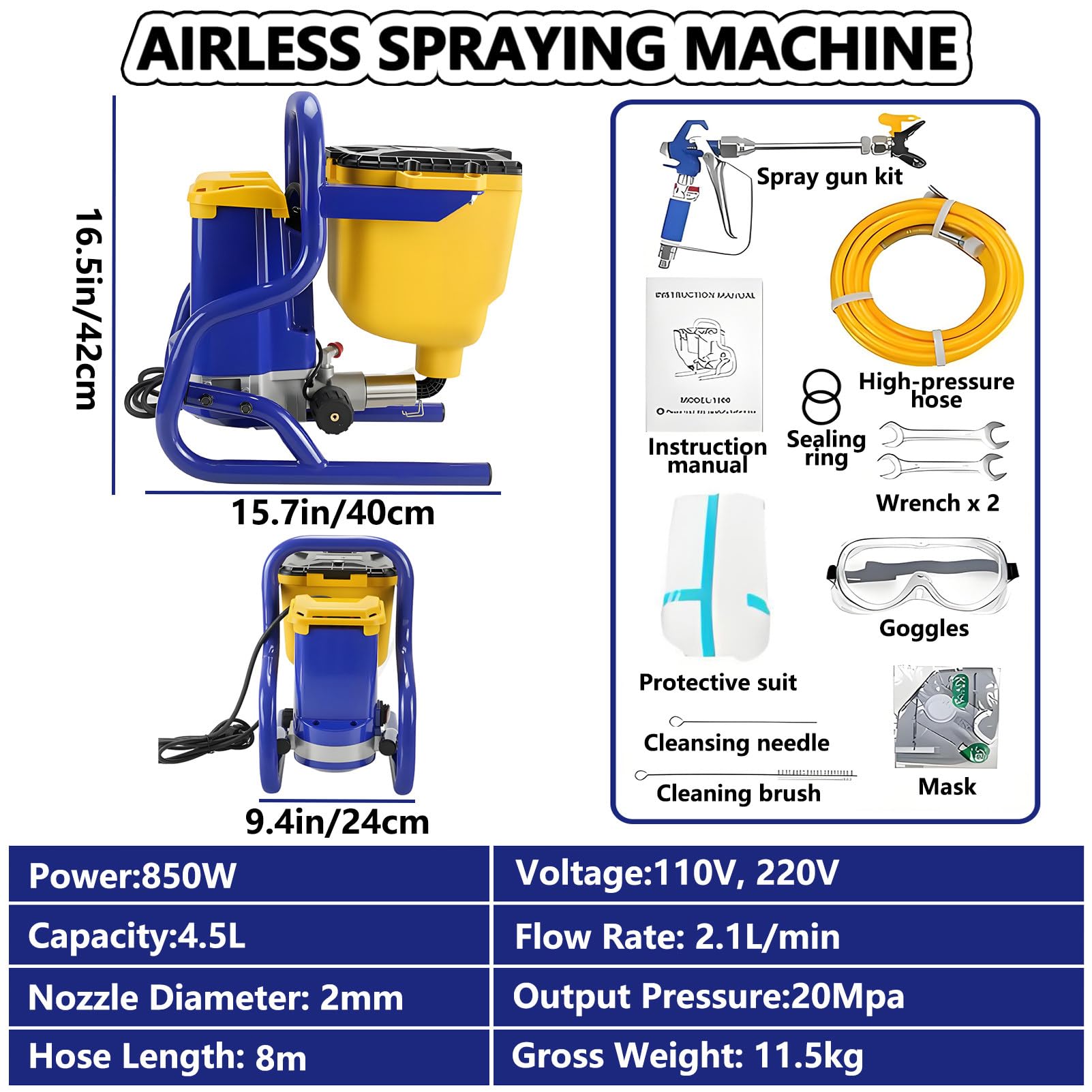 850 W Airless agregat malarski do sufitu ściennego, do drewna, metalu, przemysłowy pistolet do renowacji wnętrz/zewnętrznej, regulowane ciśnienie, wąż 8 m, przepływ 2,1 l/min