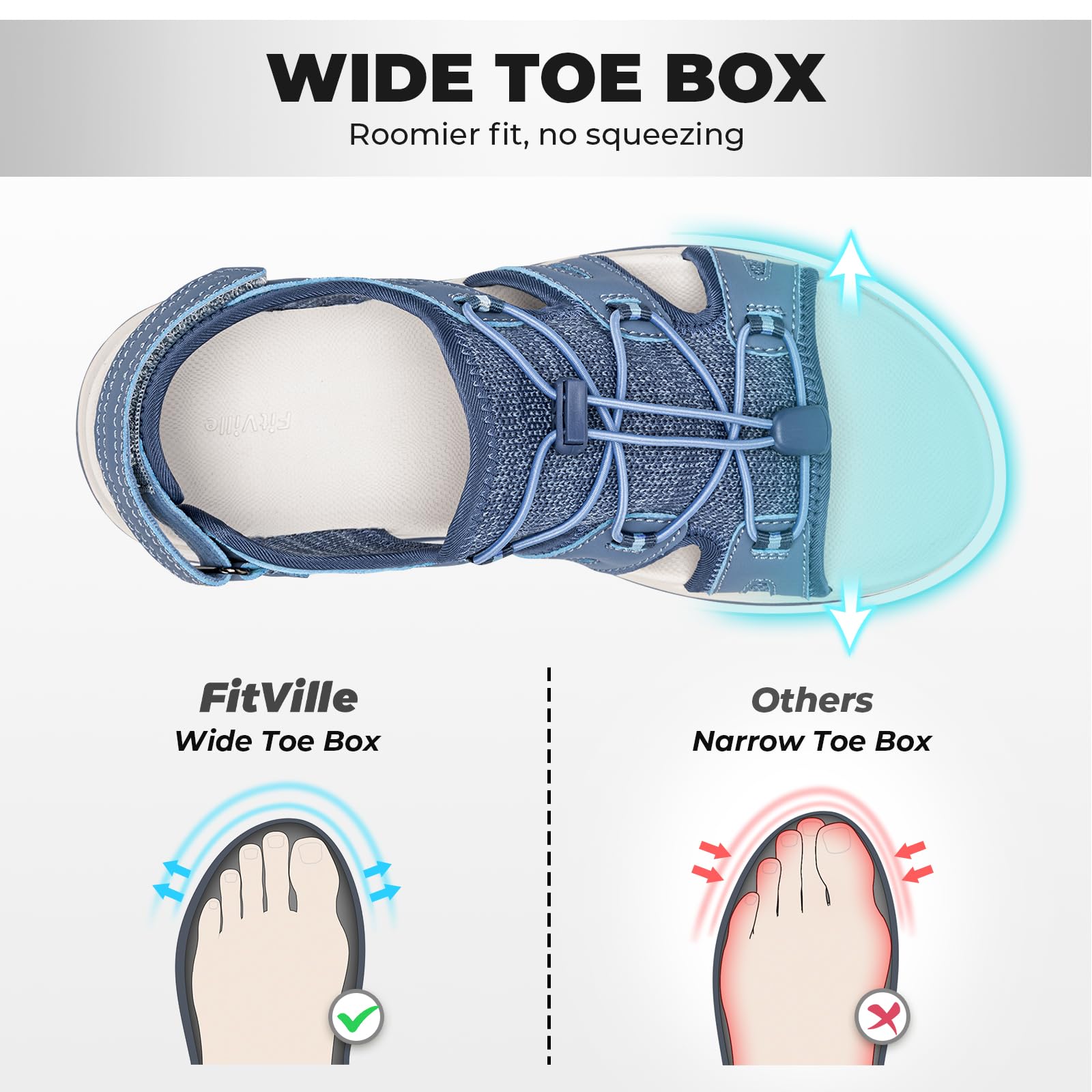 FitVille Sandali Estivi Larghi da Donna Traspiranti e Comodi Sandali Outdoor con Chiusura Elastica con Lacci e Strappo