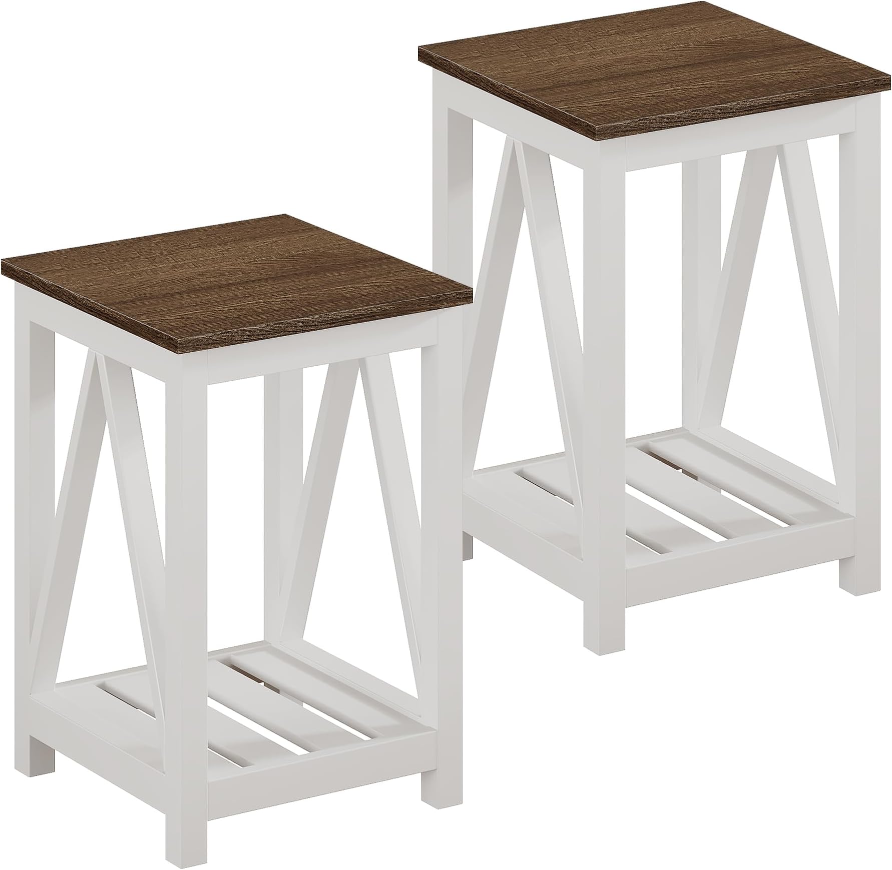 Farmhouse End Table, Rustic Vintage End Side Table with Storage Shelf for Small Spaces, Nightstand Sofa Table for Living Room, Bedroom White 2 Pack