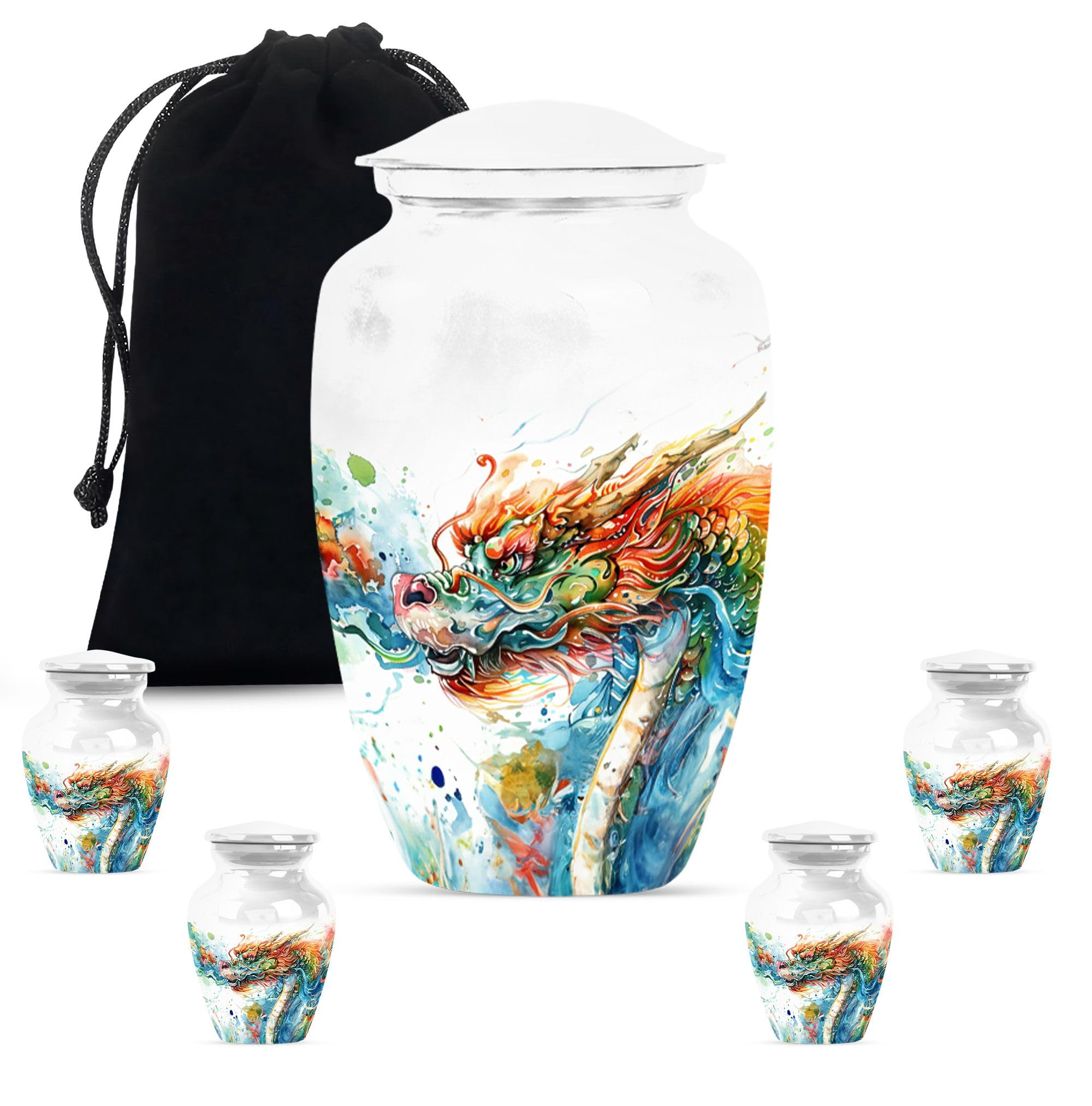 YATHABHISA Dragon Urn, Cremation Urns for Ashes for Women Set of Large & Small Keepsake for Husband & Wife, Large Urn for Human Ashes Adult - Combo of 1 Large Urn with Velvet Bag and 4 Small, Black — image 1