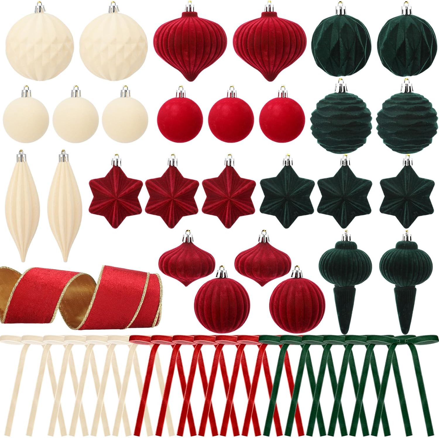 47 Pcs Christmas Velvet Ornaments Kit Include 28 Assorted Flocked Hanging Christmas Tree Balls 18 Vintage Velvet Bows Wired Ribbon for Holiday Xmas Home Tree Party Decor(Red, Green)
