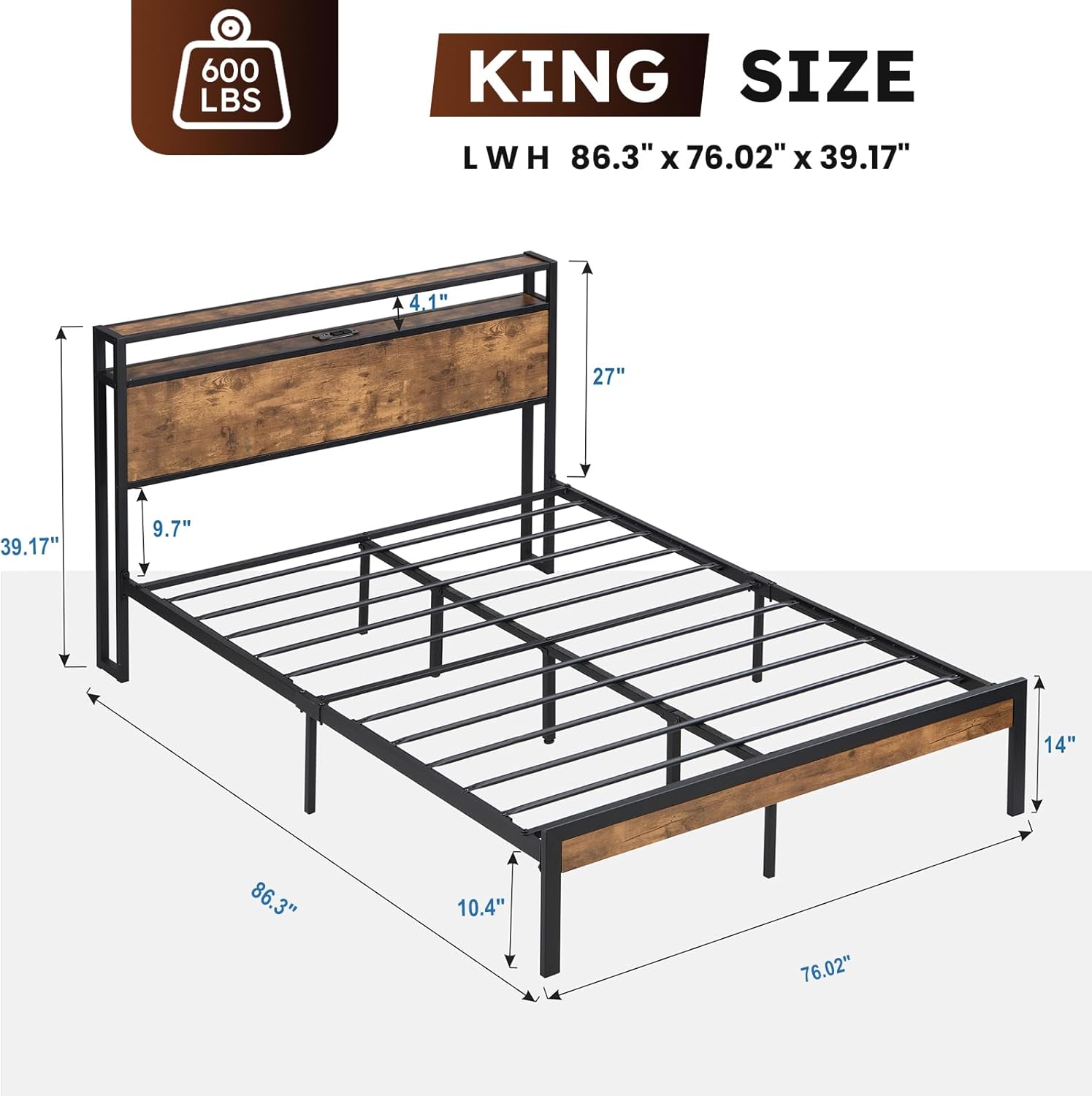 Kiivakii King Size Bed Frame with Headboard Storage, Heavy Duty Platform Bed Built in Charging Station for Farmhouse Bedroom, Noise-Free, No Box Spring Needed, Rustic Brown
