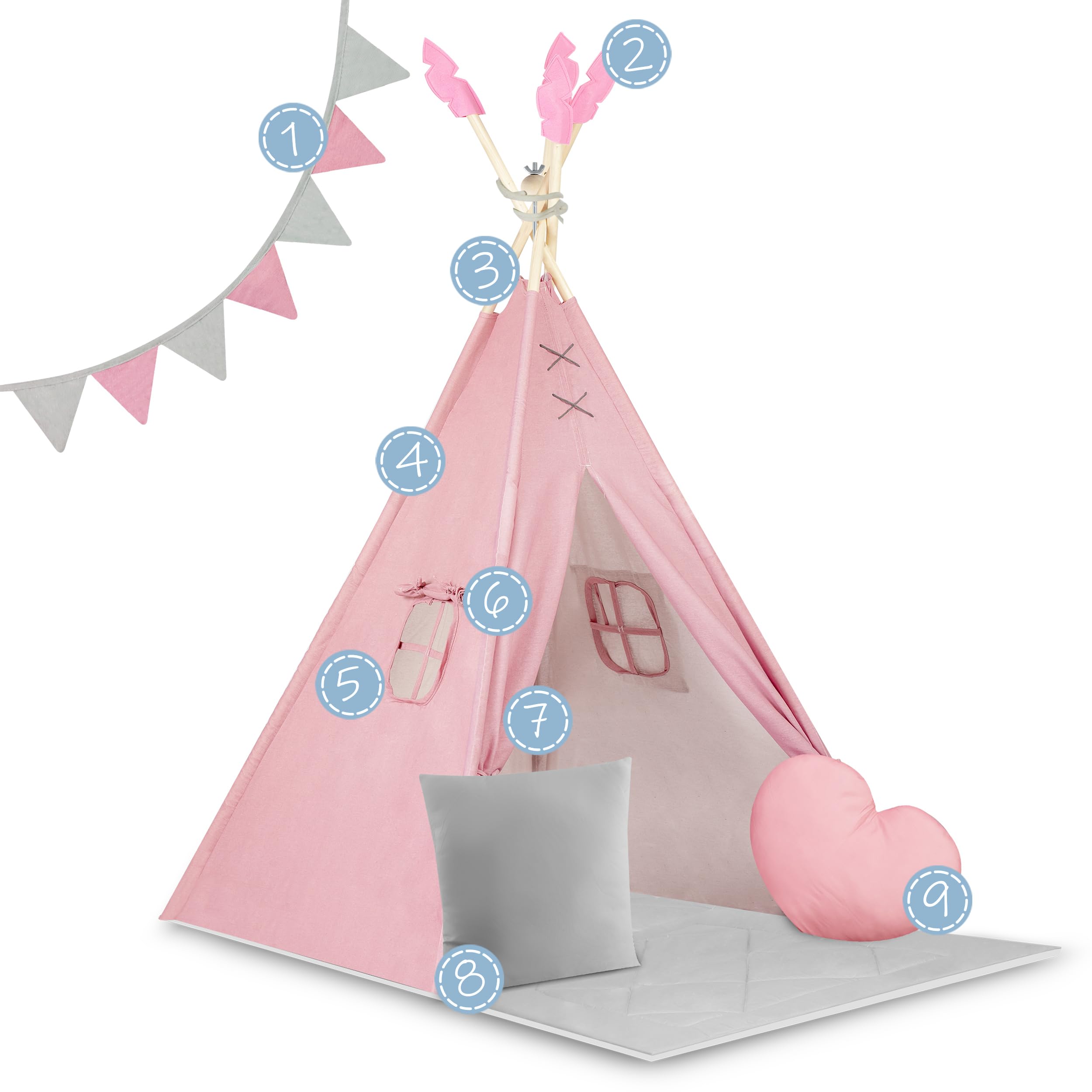 Nukido namiot dla dzieci tipi teepee wigwam z girlandą, poduszkami, dużą matą i stabilizatorem różowo-szary
