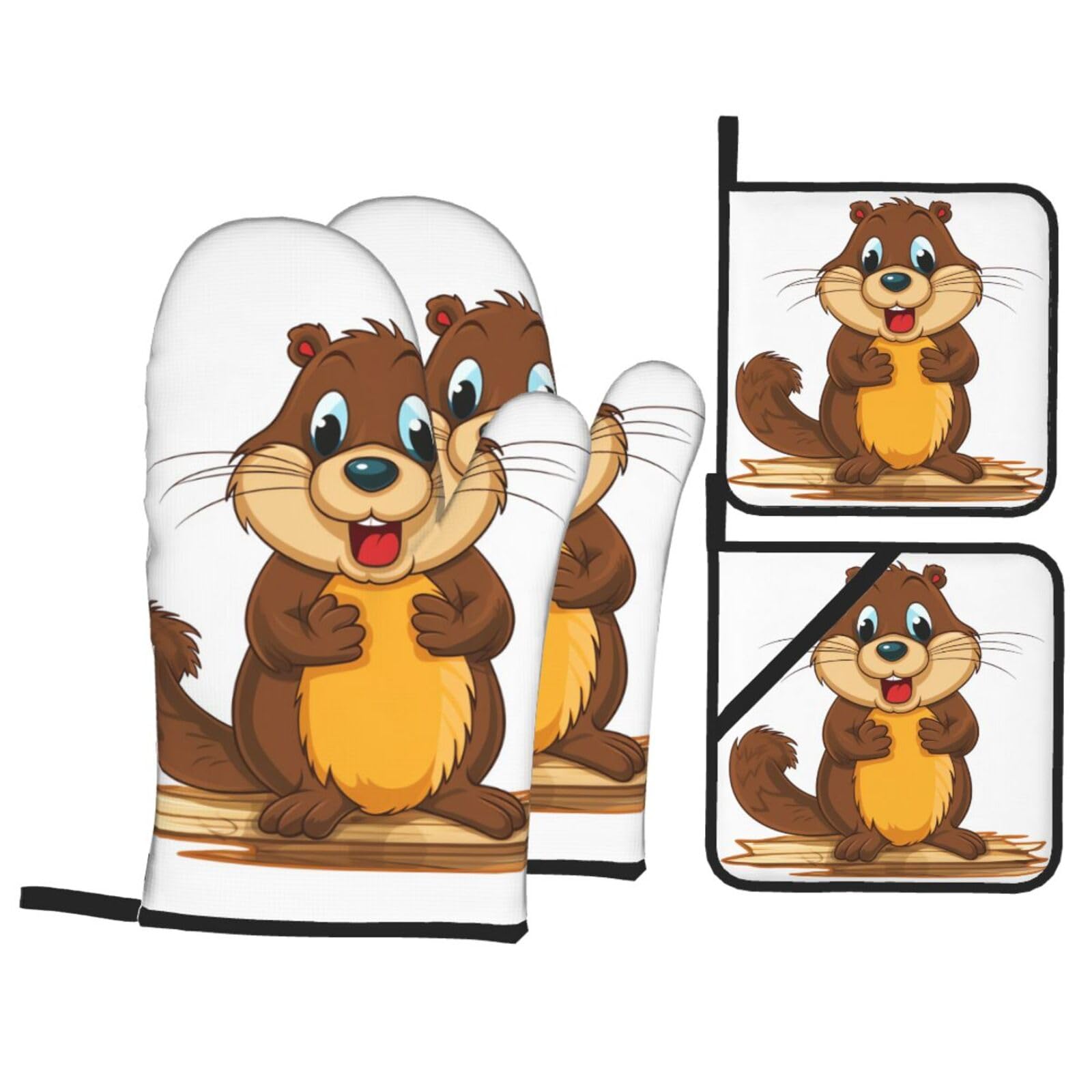 4 Piece Oven Mitts and Pot Holders Set Heat Resistant Oven Gloves and Potholders BBQ Gloves Hot Pads Cartoon Animated Beaver Cooking Gloves for Kitchen Baking Grilling