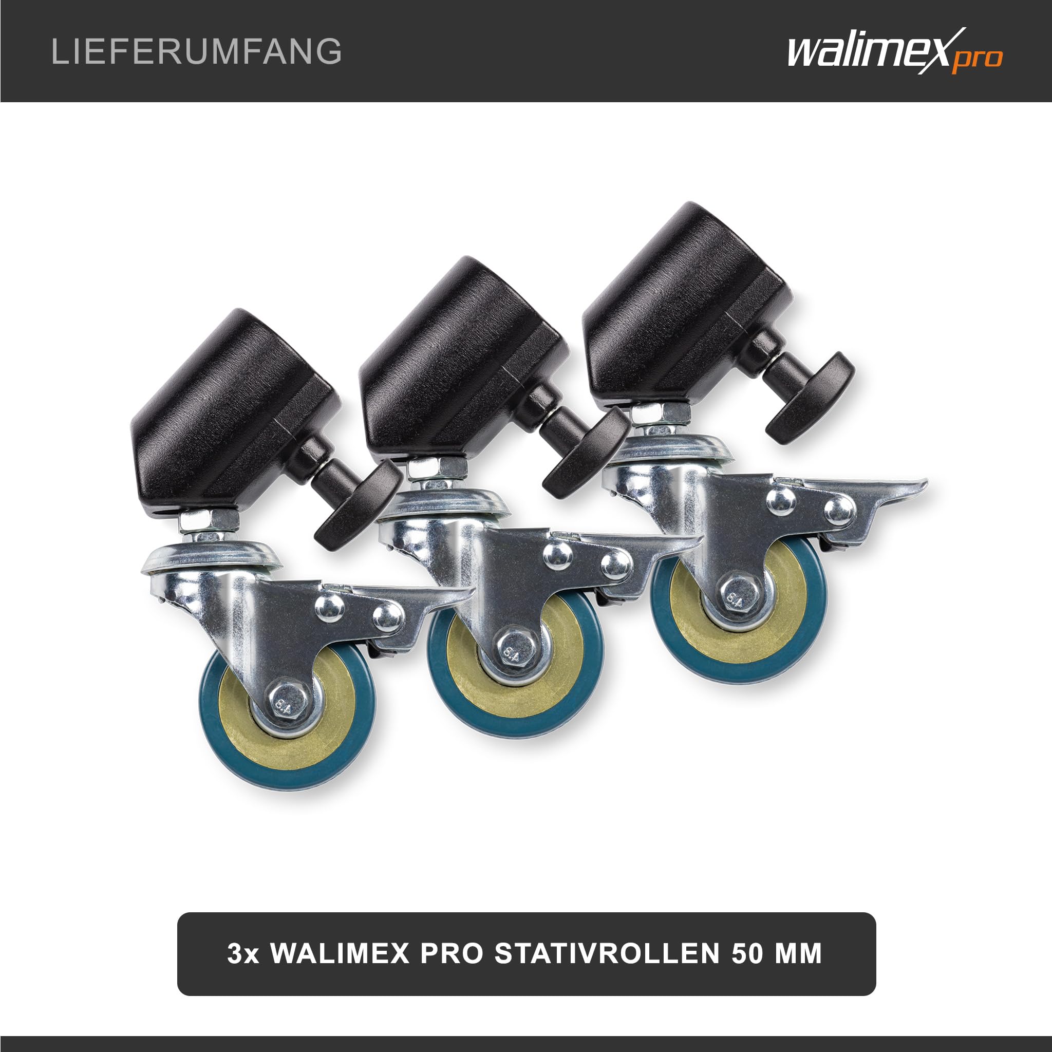 Walimex pro Stativrollen Pro 3er-Set - Stativrollen Lenkrollen Set - Vollmetall, Ø 50 mm - Gummi Lauffläche und Bremse - für Stativbeine Ø 18-23mm - für Licht Lampen und Videostativ, Schwarz