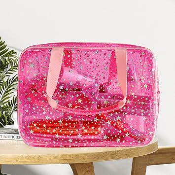 Clear Star Print Cosmetic Bag, PVC Waterproof Travel Makeup Pouch,Large Clear Travel Toiletry Bag,30 x 13 x 21.6 cm(Pink)