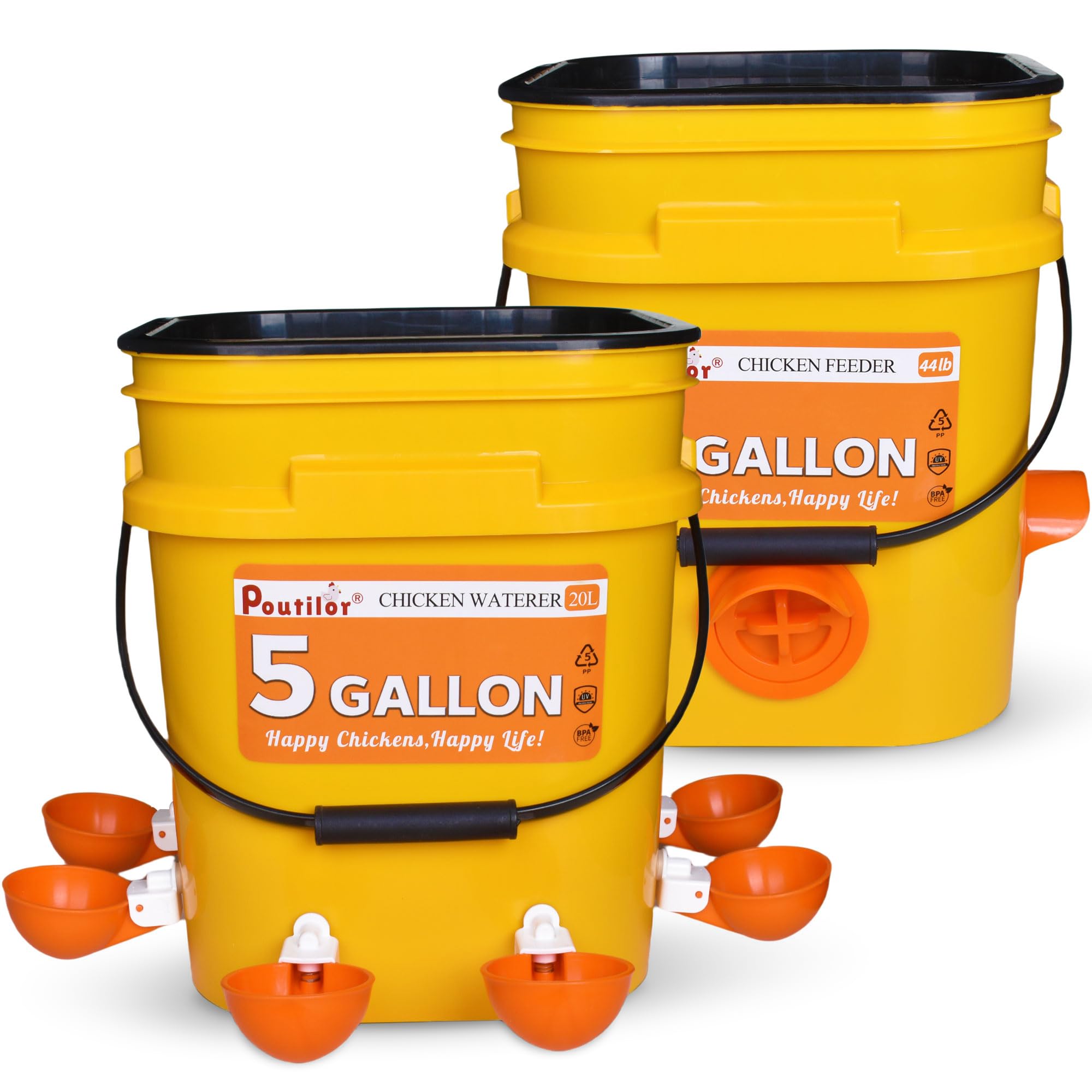 Juego de comedero y bebedero automático de pollo de 5 galones (2 cubos), juego completo real, bebedero grande para aves de corral, tazas de agua y puerto de alimentador, 44 libras/20 L