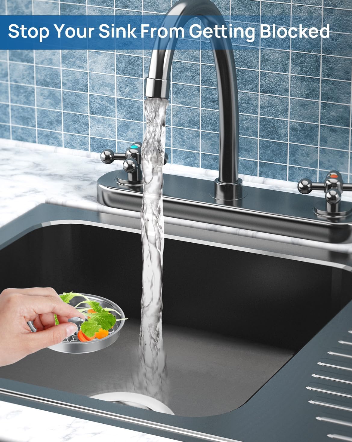 3 PCS Commercial Kitchen Sink Strainer Basket Replacement for 3-1/2 sink drain assembly–304 Stainless Steel Drain Filter, Flat Cover Basket for Food Scraps, Prevents Clogs, Heavy-Duty