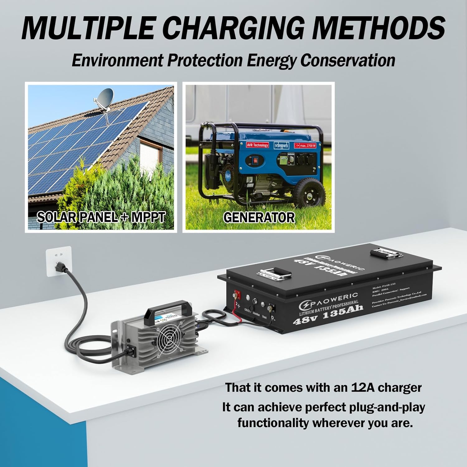 48V 135Ah LiFePO4 Lithium Battery with Charger, Built-in Smart 200A BMS, with LCD Monitor and APP, Max.10.24KW Power Output, Perfect for Golf Cart