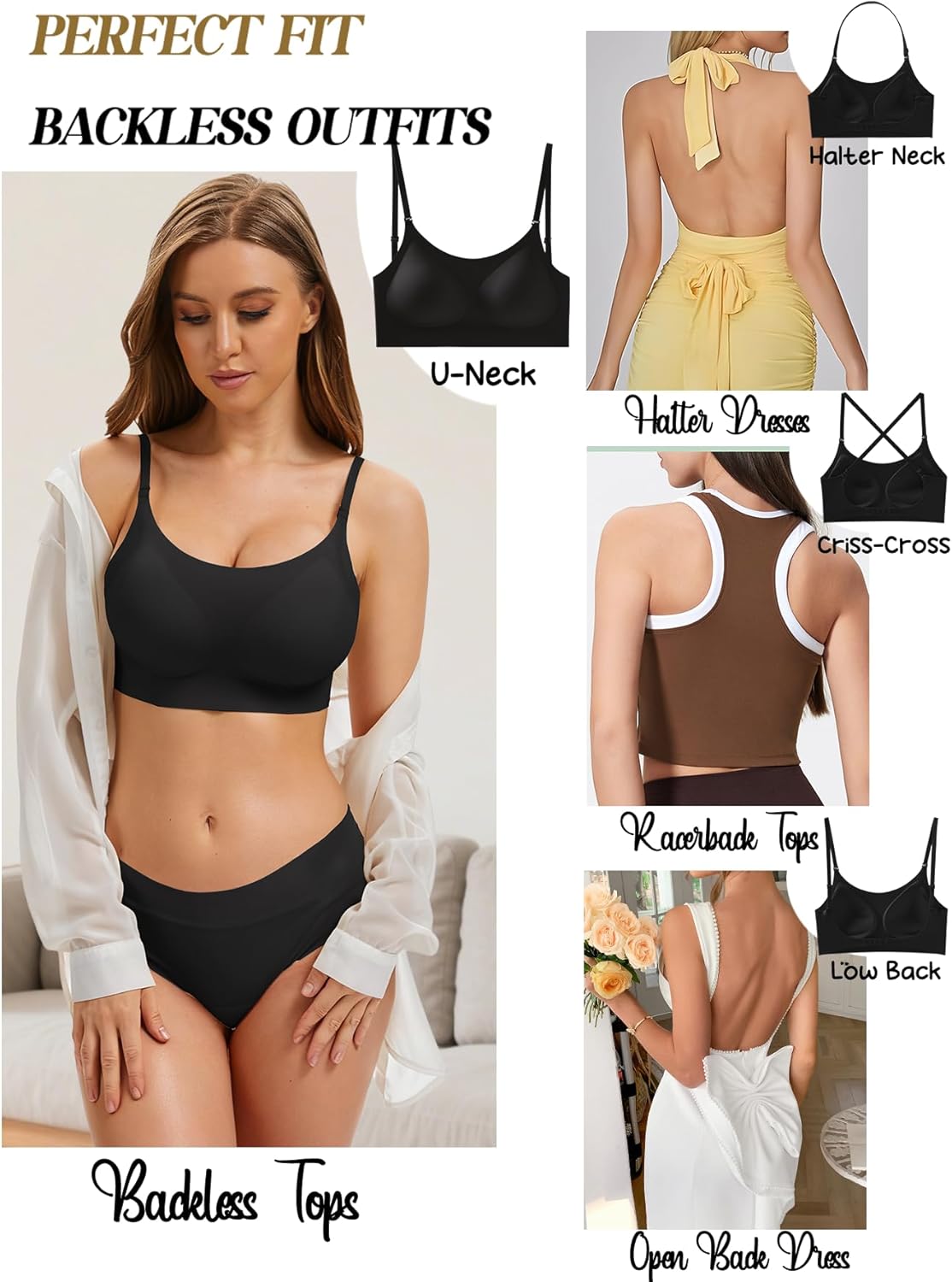 Low Back Bra - Padded Bralette Seamless Bras for Women No Underwire Scoop Neck Convertible Straps Halter Backless Bras - Image 5