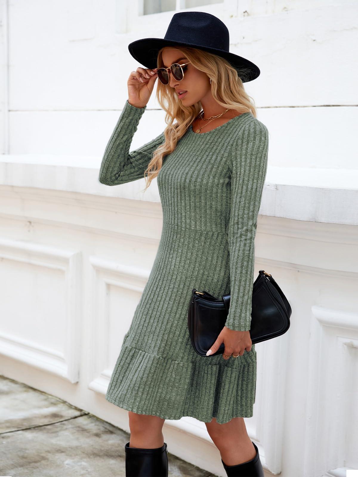 Zetieny Vestito Casual Donna Abito in Maglia a Maniche Lunghe con Scollo Rotondo Pullover Tinta Unita Autunno e Inverno