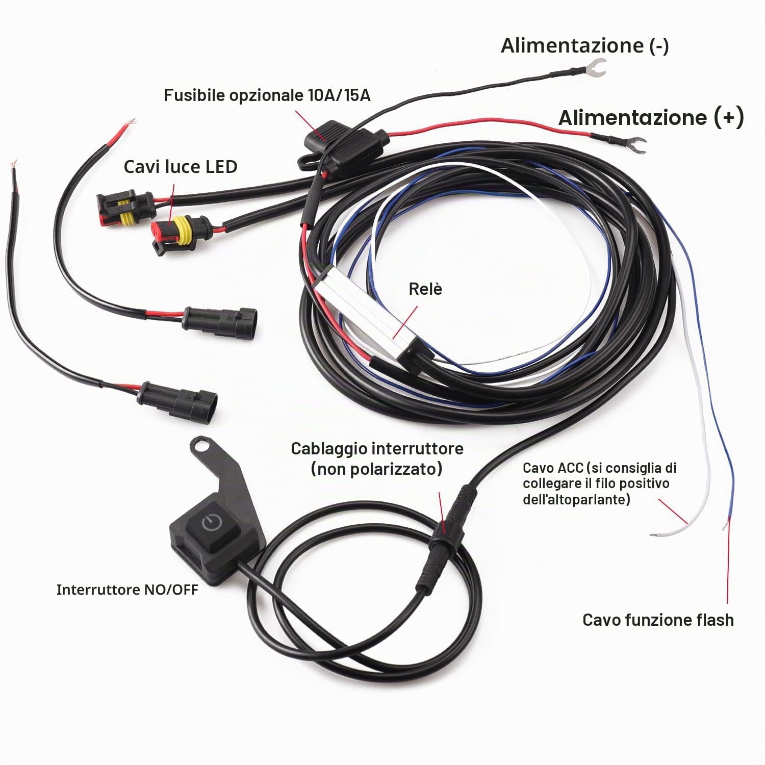 Cablaggio Barra LED Moto, 12V Controllo 2 Lampade, Fusibile 10A/15A Kit relè ON/OFF Impermeabile, per Interruttore Fendinebbia, Luce di Lavoro Aggiuntiva/Fanali Ausiliari, 1 Impostato