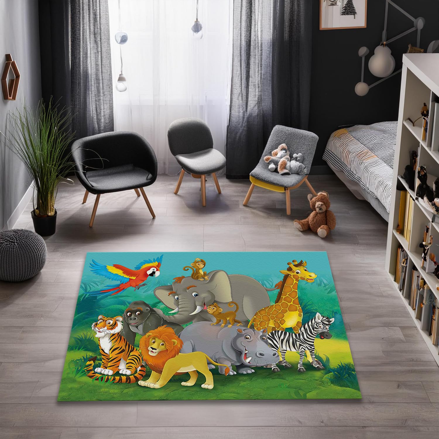 Dywan dżunglowy kolorowy kreskówka zwierzę dywan dla dzieci chłopców dziewcząt pokój tygrys zebra hipopotam lew małpa słoń żyrafa antypoślizgowa zmywalna mata dekoracja przedszkola (model 8, 60 x 90