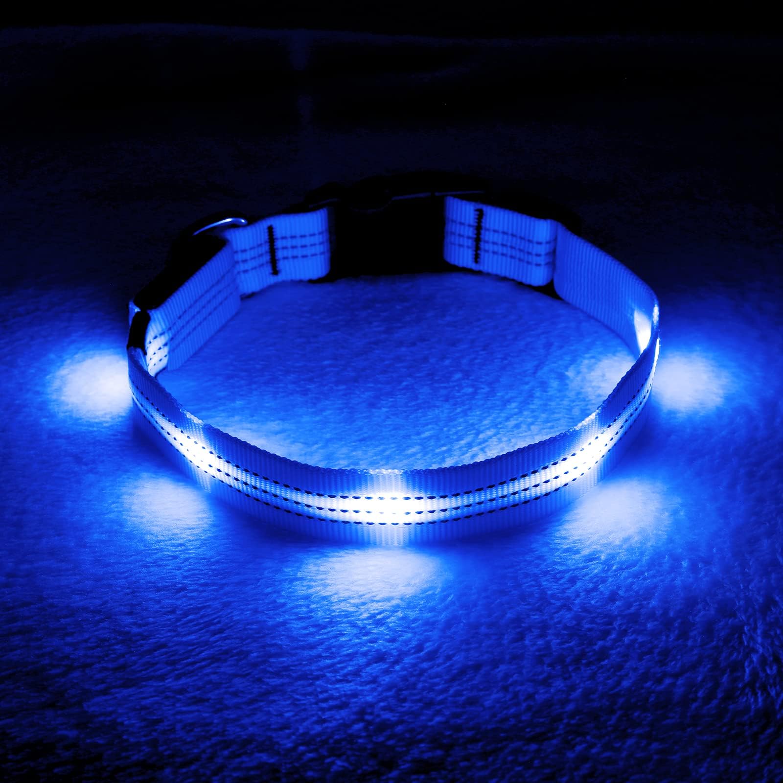 Flashseen Light Up Dog Collars,LED Dog Collar USB Rechargeable with Adjustable Reflective Safety Glowing Super Bright Nylon Dog Collars for Small Medium Large Dog(Blue, Small [14.96-18.89inch/38-48cm)