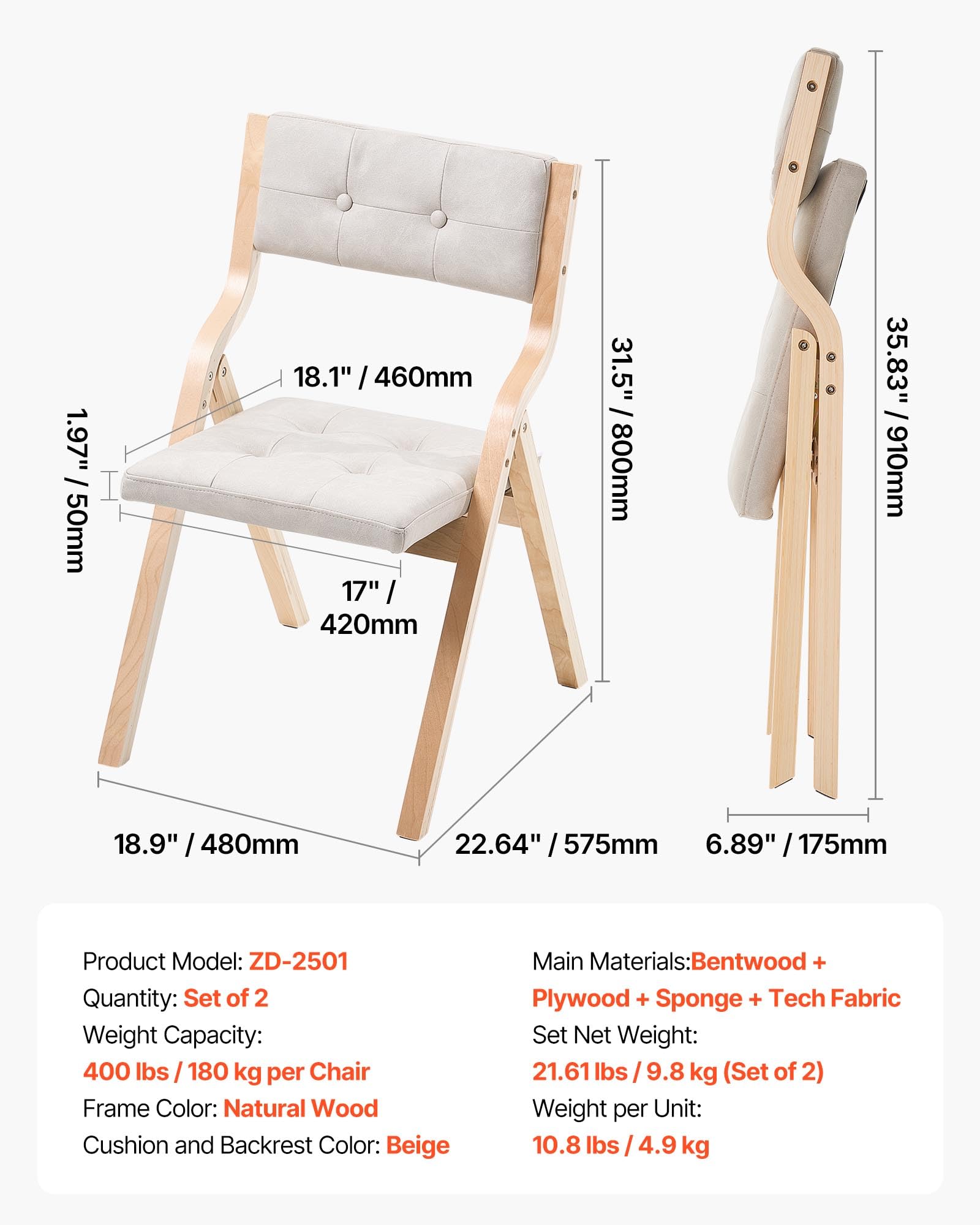 VEVOR Klappstuhl Gartenstuhl mit gepolstertem Kissen & Holzrahmen 2 STK. moderner Esszimmerstuhl für Küche Büro Party, Küchenstuhl bis 180 kg belastbar (pro) faltbar Beige + weiß platzsparend