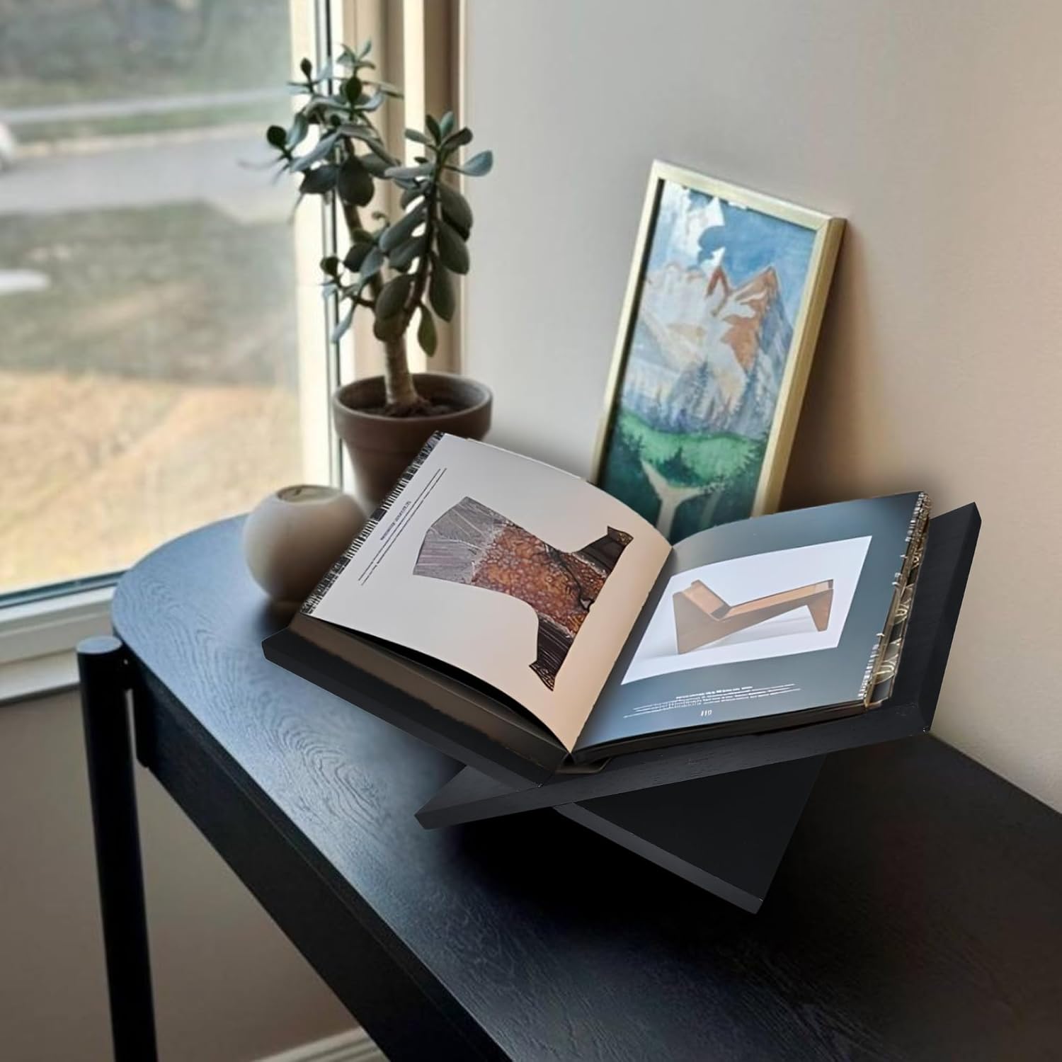 Wooden Book Stand for Reading & Display, Large Open Display Book Holder, Solid Wood Easel for Cookbooks, Magazines, Art Books, Bible, Quran & Textbooks – Black