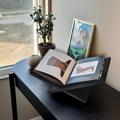 Miniatura 8 de Soporte para libros de madera maciza, soporte grande de madera de roble negro con marco cruzado para libros y exhibición para mesa de centro y