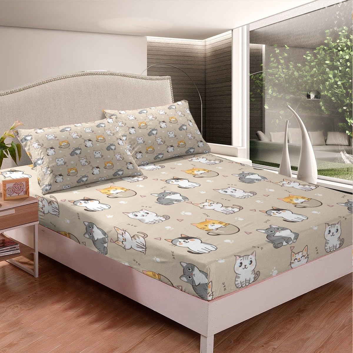Kawaii Kitten Queen Fitted Sheet Cute Cat Sheets for Girls Boys Kids, Cartoon Animal Bed Sheets Lovely Kitten Bed Cover, Brown Pet Theme Bed Set Soft 3pcs with 2 Pillowcase (Deep Pocket)