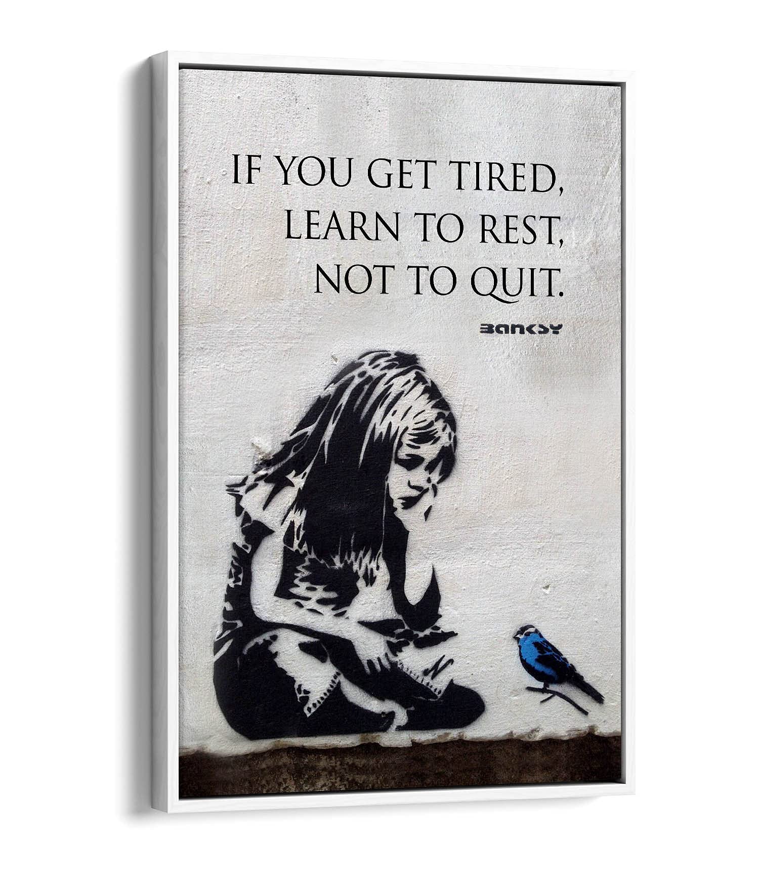 Canvasartshop Girls White - Banksy Blue Bird Quote Portrait- Float Effect Framed Canvas Wall Art Picture Print (, 36X24)