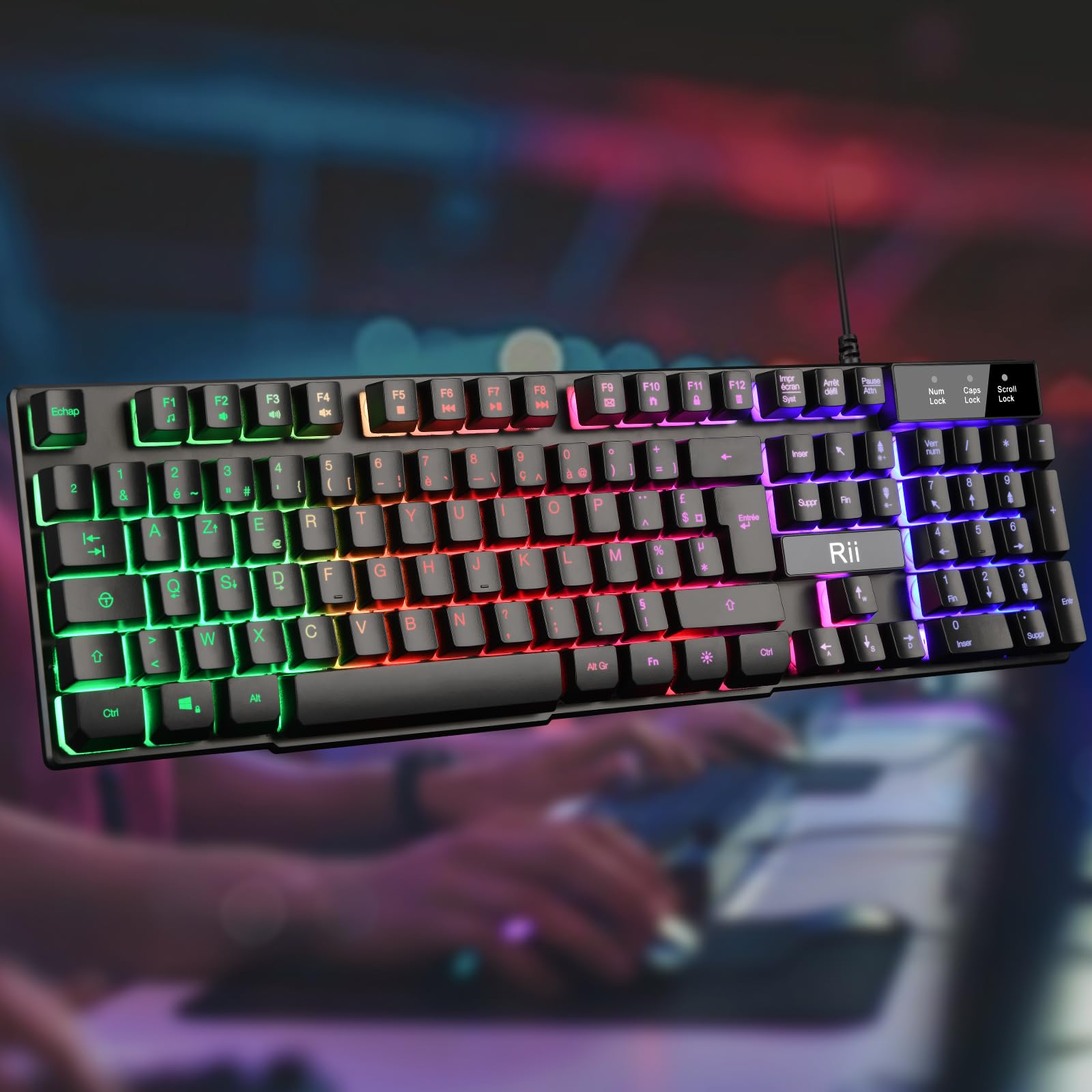 Rii Clavier Gamer - AZERTY - Nouveau Clavier USB Filaire - 105 Touches Semi-Mécaniques - 5 Couleurs LED Rétro - 11 Raccourcis Multimédia - pour PC Mac - PS4 PS5 - Noir