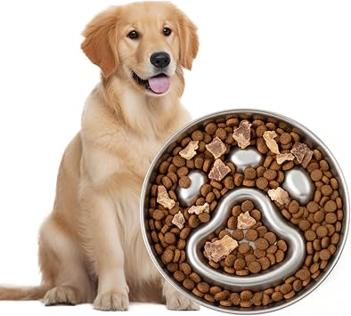 PawsPik Stainless Steel Three-Ridge Slow Feeder Dog Bowl, 4 Cup