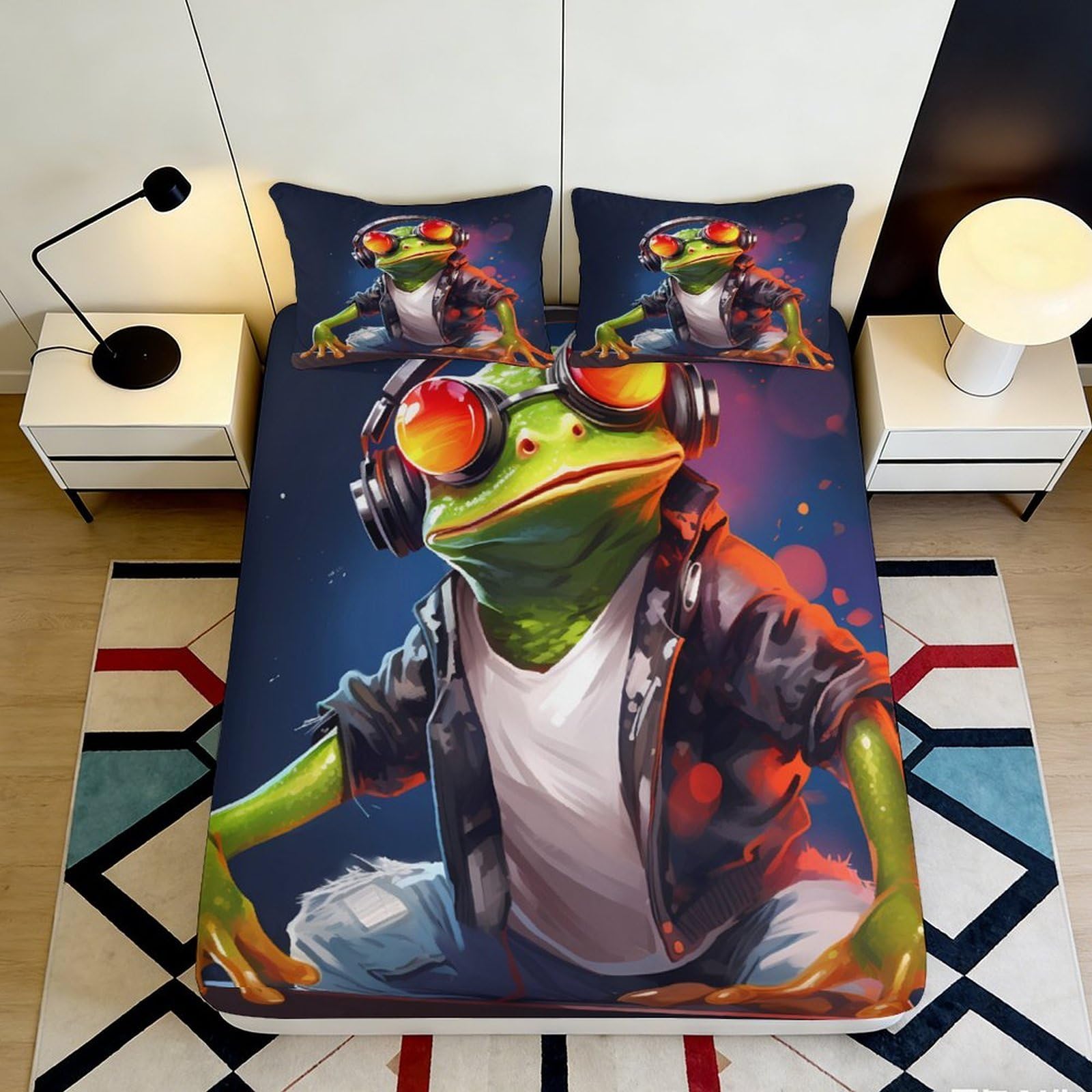 3D Printed Cool Frog Fitted Sheet Microfiber Cartoon Headphones Bed Cover for Bedroom Guest Room Decor Protection 90x200x25cm