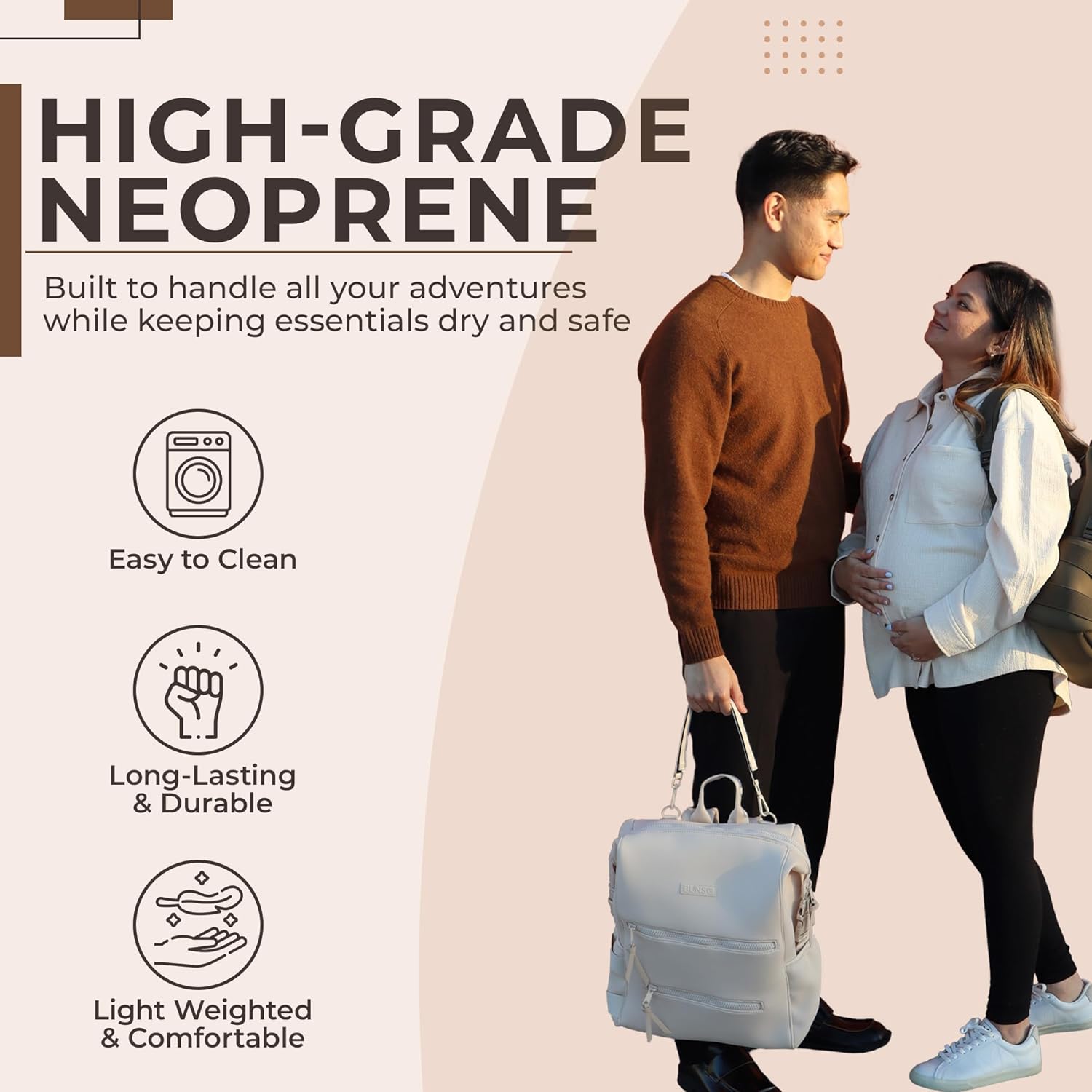 Neoprene Diaper Bag, Minimalist Backpack Diaper Bag with Pouch, Changing Pad, and Stroller Straps, Water Resistant and Lightweight Baby Girl Diaper Bag, Diaper Bag Backpack, Cream - Image 4